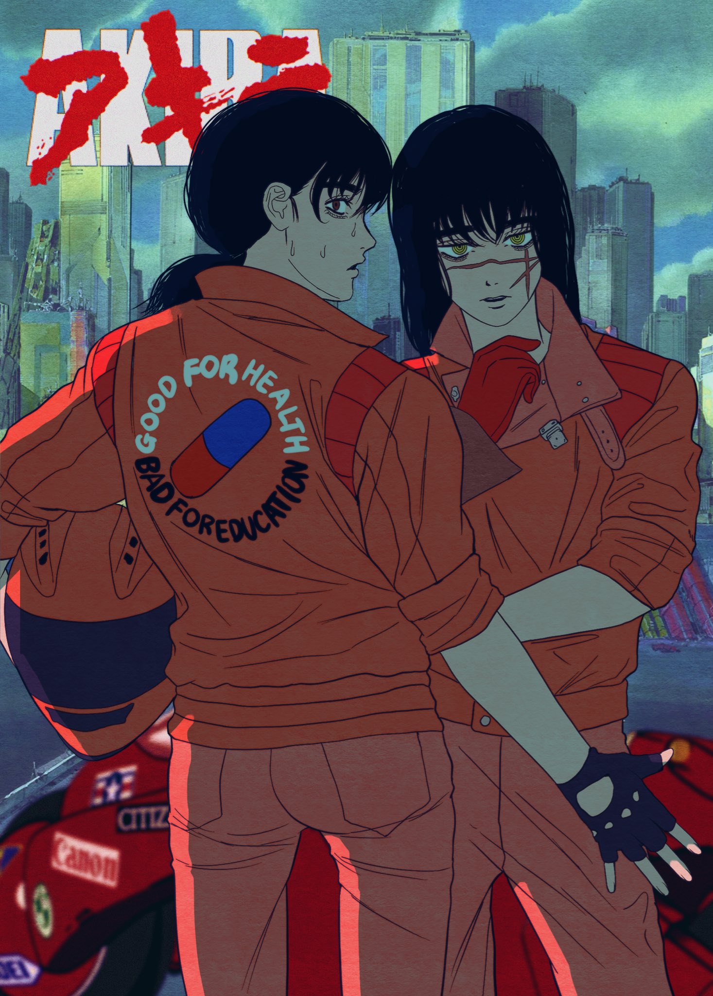 cdtxufre, kaneda shoutarou (akira), mitaka asa, yoru (chainsaw man), akira (manga), chainsaw man, highres, 2girls, black hair, clothes writing, cosplay, cross scar, cyberpunk, english text, facial scar, gloves, helmet, holding, holding unworn helmet, jacket, kaneda shoutarou's bike, kaneda shoutarou (akira) (cosplay), leather, leather gloves, long hair, looking at viewer, low twintails, motor vehicle, motorcycle, multiple girls, open mouth, pants, parody, red eyes, red jacket, red pants, ringed eyes, scar, scar on cheek, scar on face, scar on nose, screenshot inset, solo, tokyo (city), twintails, unworn headwear, unworn helmet