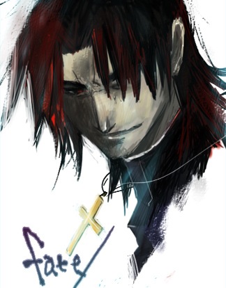 wak, kotomine kirei, fate/stay night, fate (series), lowres, 00s, 1boy, cross, male focus, parted bangs, smile, solo