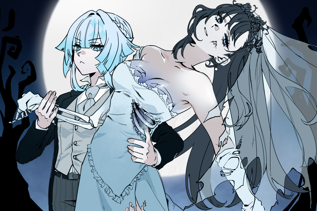 jjooeeuumm, cerydra (honkai: star rail), hysilens (honkai: star rail), honkai: star rail, honkai (series), 2girls, :<, bare shoulders, black hair, blue eyes, blue hair, bridal veil, dress, grey vest, grin, long hair, long sleeves, looking at viewer, multiple girls, skeletal arm, smile, strapless, strapless dress, torn clothes, torn veil, veil, very long hair, vest, white dress