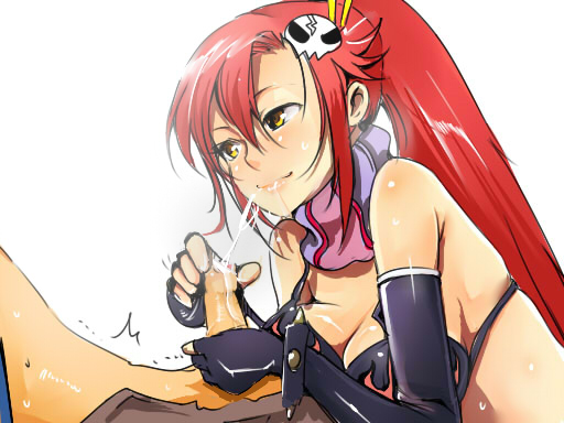 yoko littner, tengen toppa gurren lagann, 00s, 1girl, bare shoulders, bikini, bikini top only, blush, breasts, censored, cleavage, cum, cum in mouth, cum on body, elbow gloves, facial, fellatio, fingerless gloves, gloved handjob, gloves, hair ornament, handjob, large breasts, long hair, oral, penis, pointless censoring, ponytail, red hair, scarf, smile, solo focus, swimsuit, yellow eyes