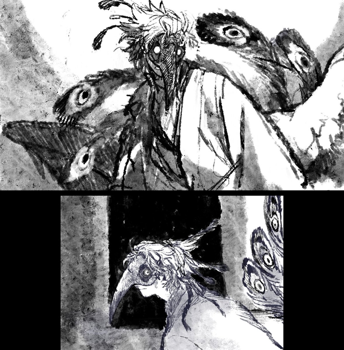 kaibatu2mm, original, commentary request, highres, 1boy, bird boy, bird mask, bird tail, bird wings, feather hair, feathered wings, greyscale, looking at viewer, looking back, male focus, mask, monochrome, multiple views, short hair, tail, wings