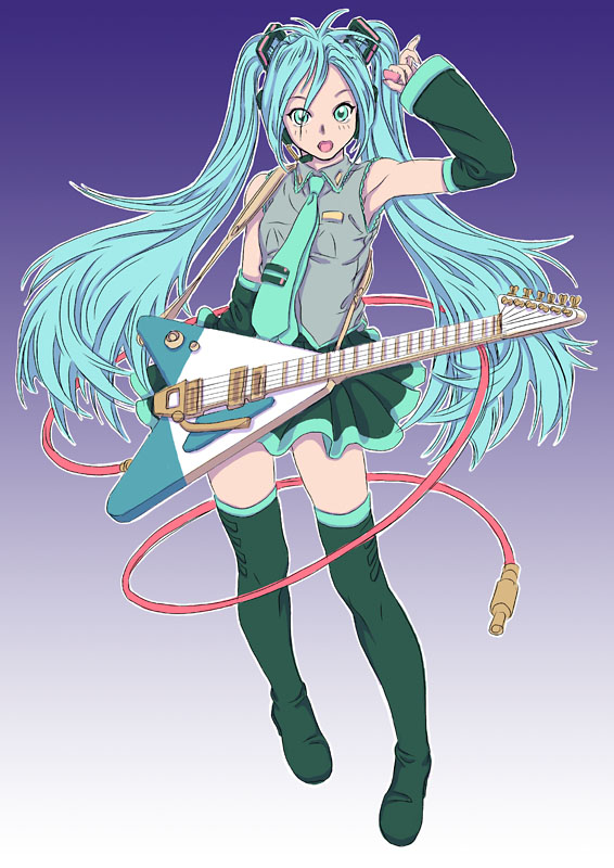 hatsune miku, vocaloid, aqua eyes, aqua hair, detached sleeves, guitar, headphones, instrument, long hair, necktie, skirt, solo, thighhighs, twintails, very long hair, zettai ryouiki