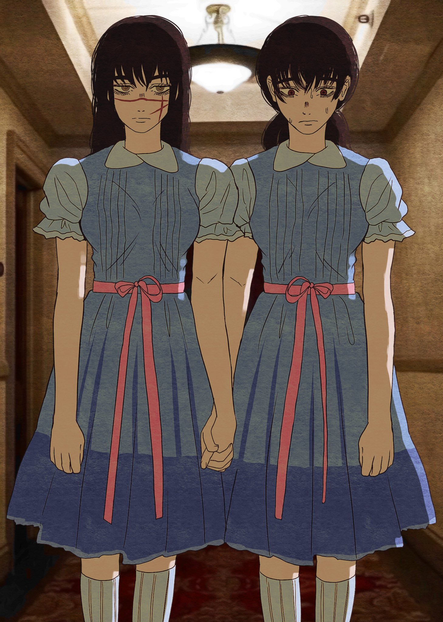 cdtxufre, grady sisters (the shining), mitaka asa, yoru (chainsaw man), chainsaw man, the shining, highres, 2girls, black hair, blue dress, ceiling light, closed mouth, cosplay, cross scar, dress, dual persona, facial scar, grady sisters (the shining) (cosplay), hallway, holding hands, horror (theme), indoors, long hair, looking at viewer, low twintails, mary janes, matching outfits, multiple girls, parody, red eyes, ribbon, ringed eyes, scar, scar on cheek, scar on face, scar on nose, scene reference, screenshot inset, shoes, short sleeves, side-by-side, socks, standing, twintails, waist ribbon, wallpaper (object)