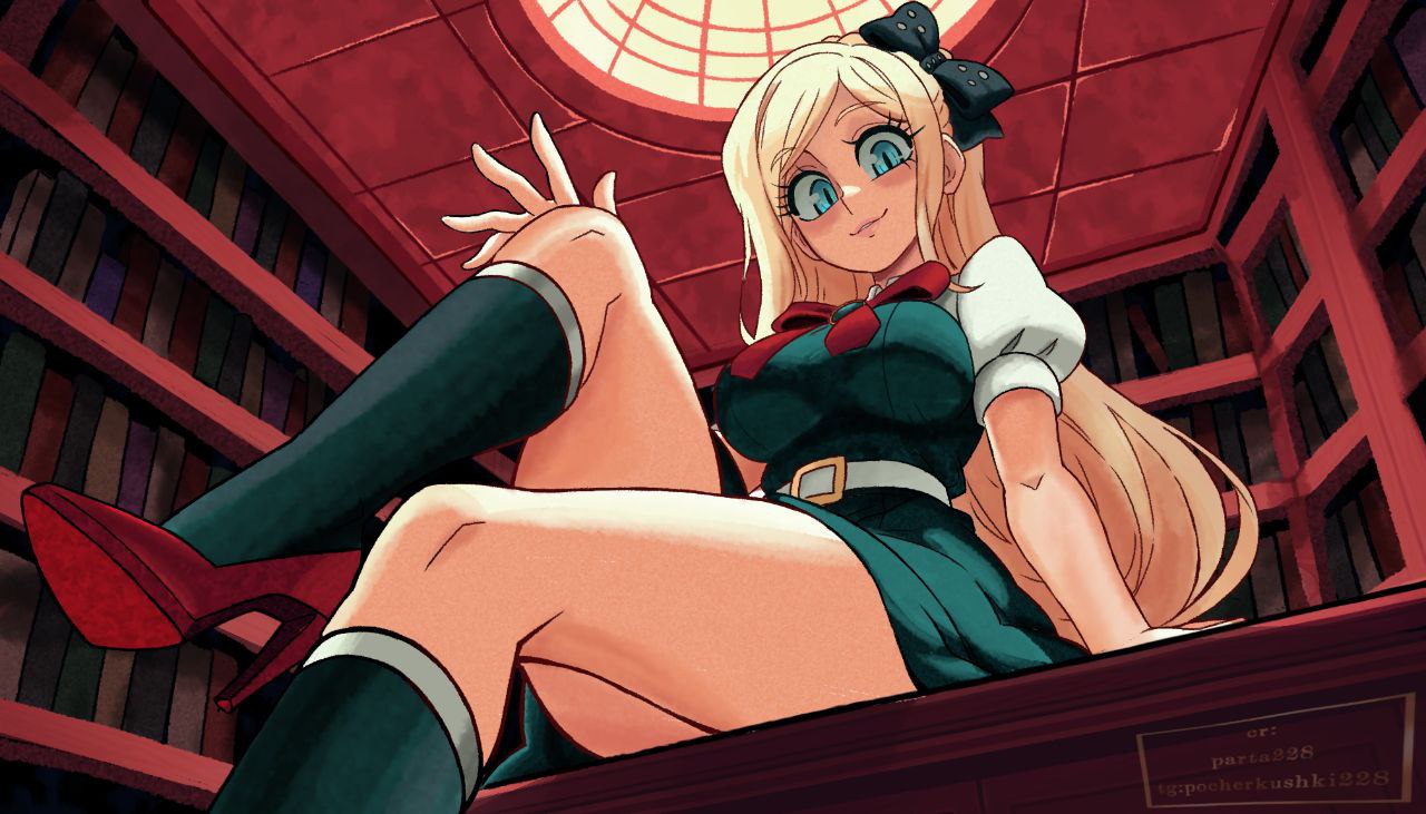 sonia nevermind, danganronpa (series), danganronpa 2: goodbye despair, 1girl, belt, blonde hair, bookshelf, bow, bowtie, breasts, from below, high heels, indoors, kneehighs, large breasts, library, long hair, parta 228, puffy short sleeves, puffy sleeves, red bow, red bowtie, red shoes, shoes, short sleeves, sitting, smile, socks, white belt
