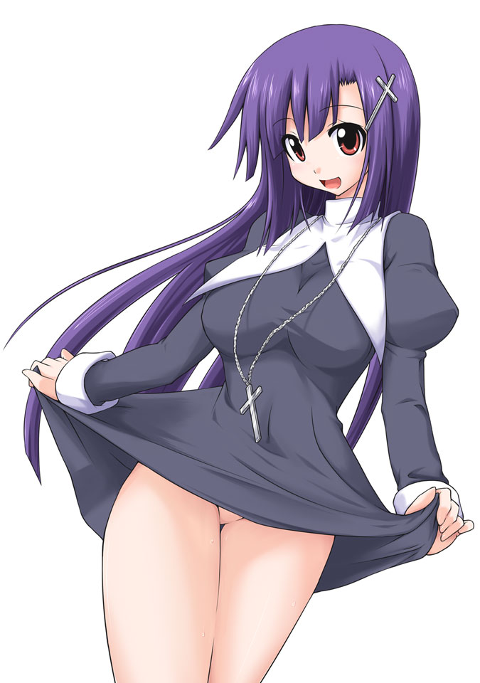mikagami sou, zange, kannagi, 00s, 1girl, breasts, clothes lift, cowboy shot, cross, female focus, jewelry, large breasts, long hair, necklace, no panties, no pussy, nun, open mouth, purple hair, pussy, red eyes, simple background, skirt, skirt lift, smile, solo, thighs, white background