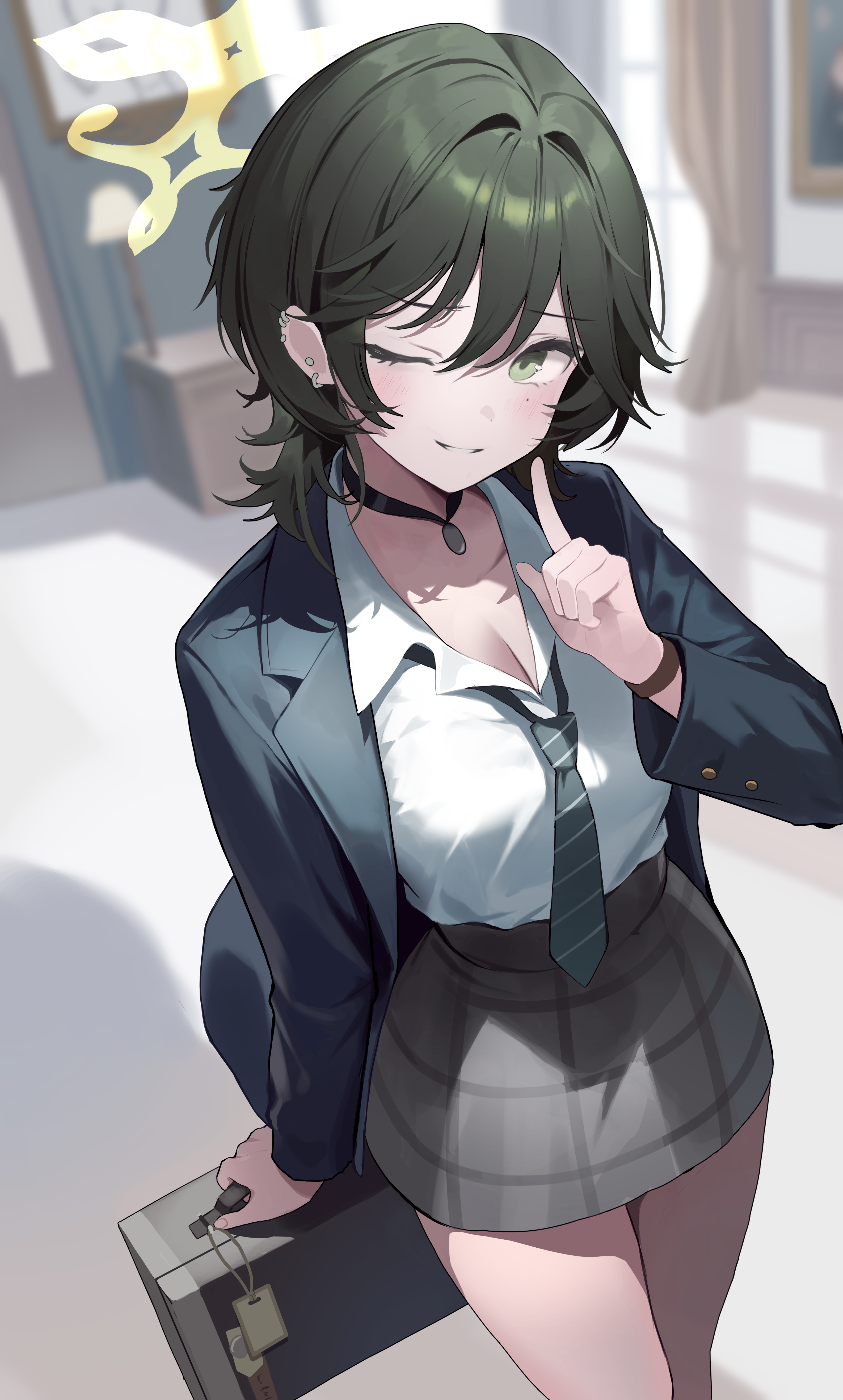 ahr tato, fuyu (blue archive), blue archive, absurdres, commentary, highres, korean commentary, 1girl, blazer, blurry, blurry background, breasts, choppy bangs, cleavage, collared shirt, depth of field, diagonal-striped clothes, diagonal-striped necktie, ear piercing, finger to mouth, green eyes, green hair, green halo, halo, holding, holding suitcase, indoors, jacket, large breasts, long sleeves, looking at viewer, mole, mole under eye, necktie, one eye closed, parted lips, partially open shirt, piercing, shirt, short hair, skirt, smile, solo, striped clothes, striped necktie, suitcase, undone necktie, white shirt, wolf cut