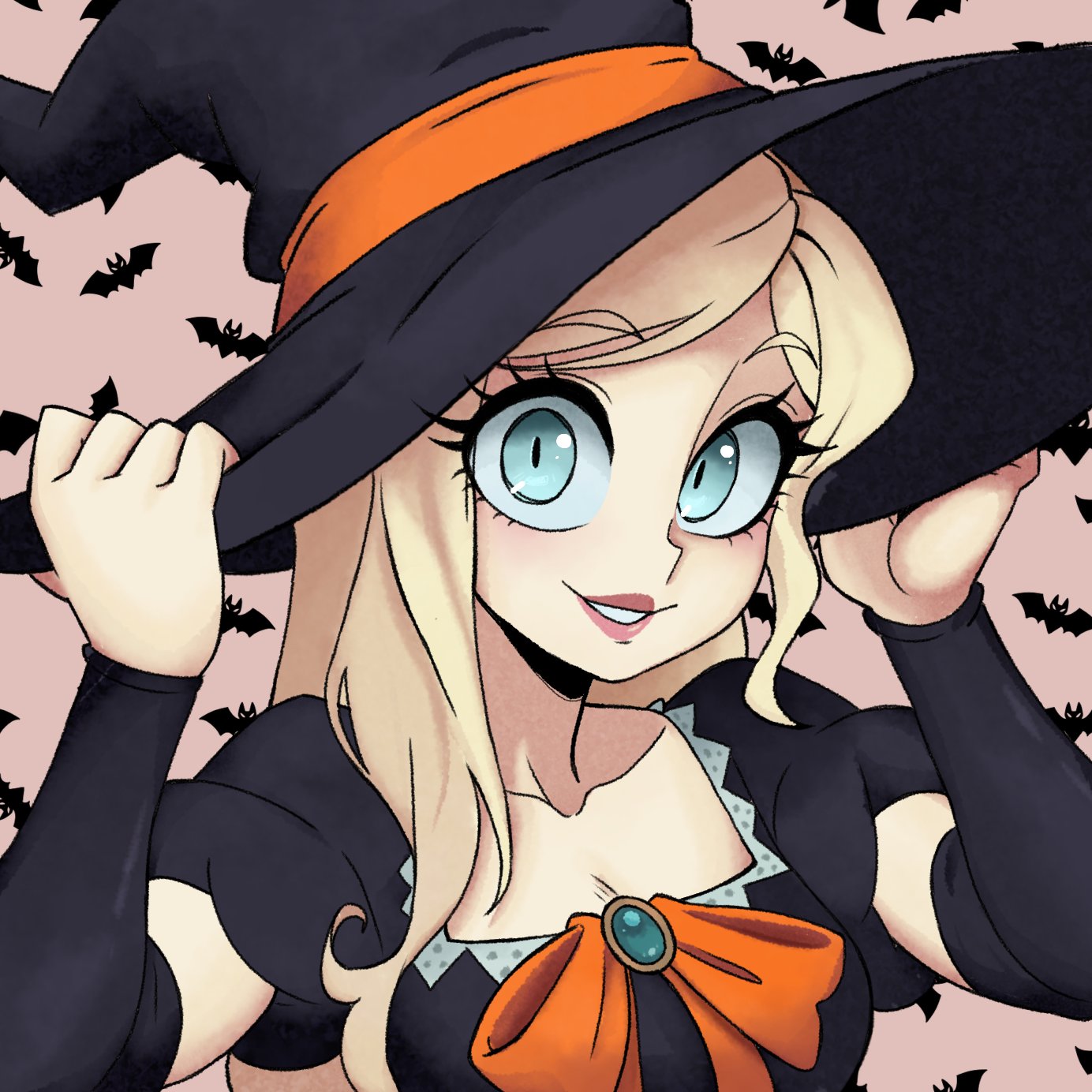 sonia nevermind, danganronpa (series), danganronpa 2: goodbye despair, highres, 1girl, black hat, blonde hair, bow, bowtie, breasts, collarbone, detached sleeves, grey eyes, hat, long hair, long sleeves, medium breasts, orange bow, orange bowtie, parta 228, puffy short sleeves, puffy sleeves, short sleeves, smile, teeth, upper body, witch, witch hat
