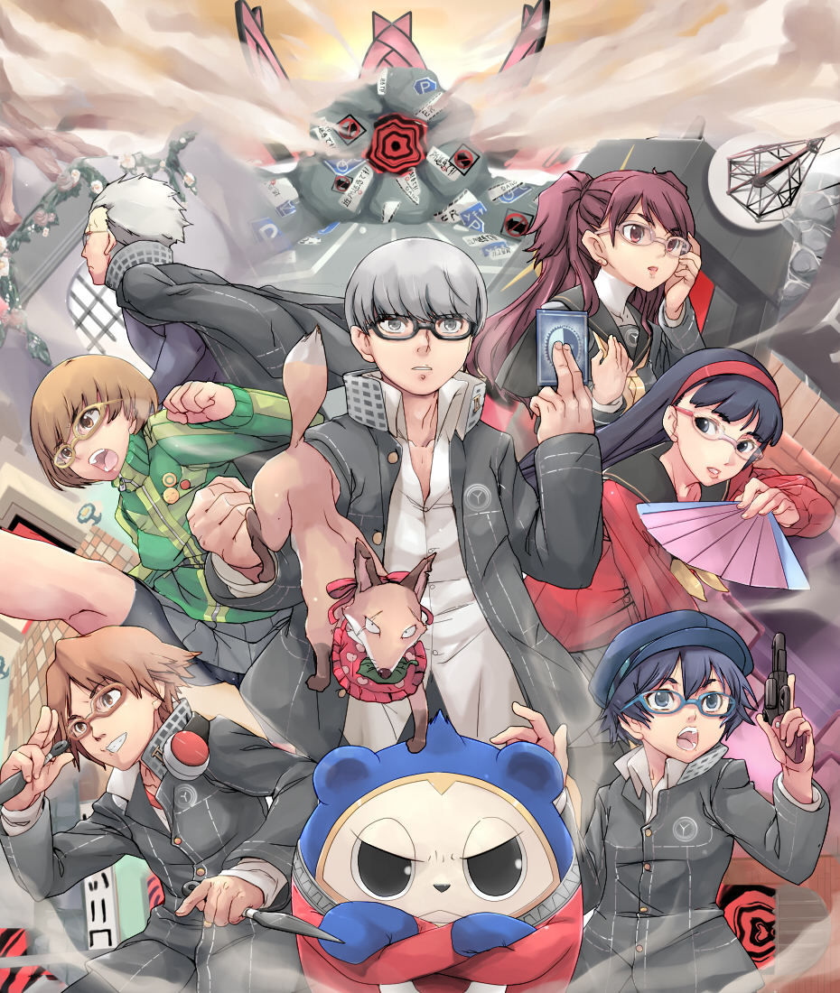 amagi yukiko, hanamura yousuke, izanami (persona), kujikawa rise, kuma (persona 4), narukami yu, satonaka chie, shirogane naoto, tatsumi kanji, atlus, persona, persona 4, 3boys, 4girls, adjusting eyewear, bespectacled, bib, bike shorts, black eyes, black hair, blue-framed eyewear, blue eyes, blue hair, brown eyes, brown hair, card, fox, glasses, grey eyes, grey hair, gun, hairband, hand fan, handgun, hat, headphones, headphones around neck, holding, holding card, jacket, kunai, lapel pin, long hair, multiple boys, multiple girls, newsboy cap, pin, pink-framed eyewear, red hair, revolver, scar, school uniform, semi-rimless eyewear, serafuku, short hair, skirt, track jacket, twintails, weapon, yellow-framed eyewear