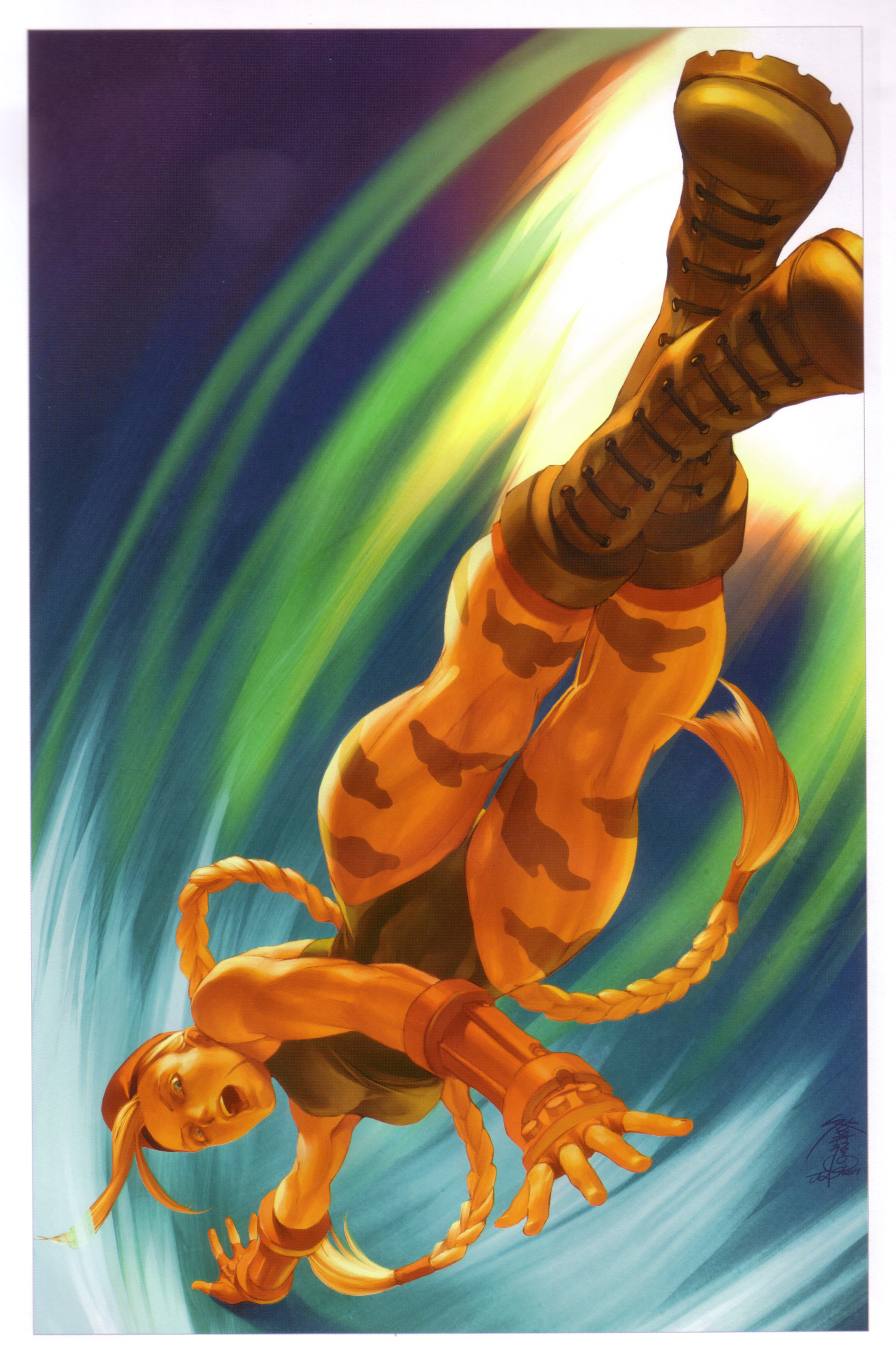 jo chen, udon entertainment, cammy white, capcom, street fighter, street fighter ii (series), crotch, absurdres, highres, 1990s (style), 1girl, :o, armor, aura, beret, blonde hair, blue eyes, bodypaint, boots, braid, camouflage, combat boots, crossed legs, dutch angle, female focus, fingerless gloves, floating hair, foreshortening, gauntlets, gloves, glowing, hair tubes, hat, kicking, legs, leotard, long hair, looking at viewer, military, military uniform, muscular, open mouth, retro artstyle, scar, signature, sitting, solo, thigh gap, thighs, twin braids, upside-down, very long hair