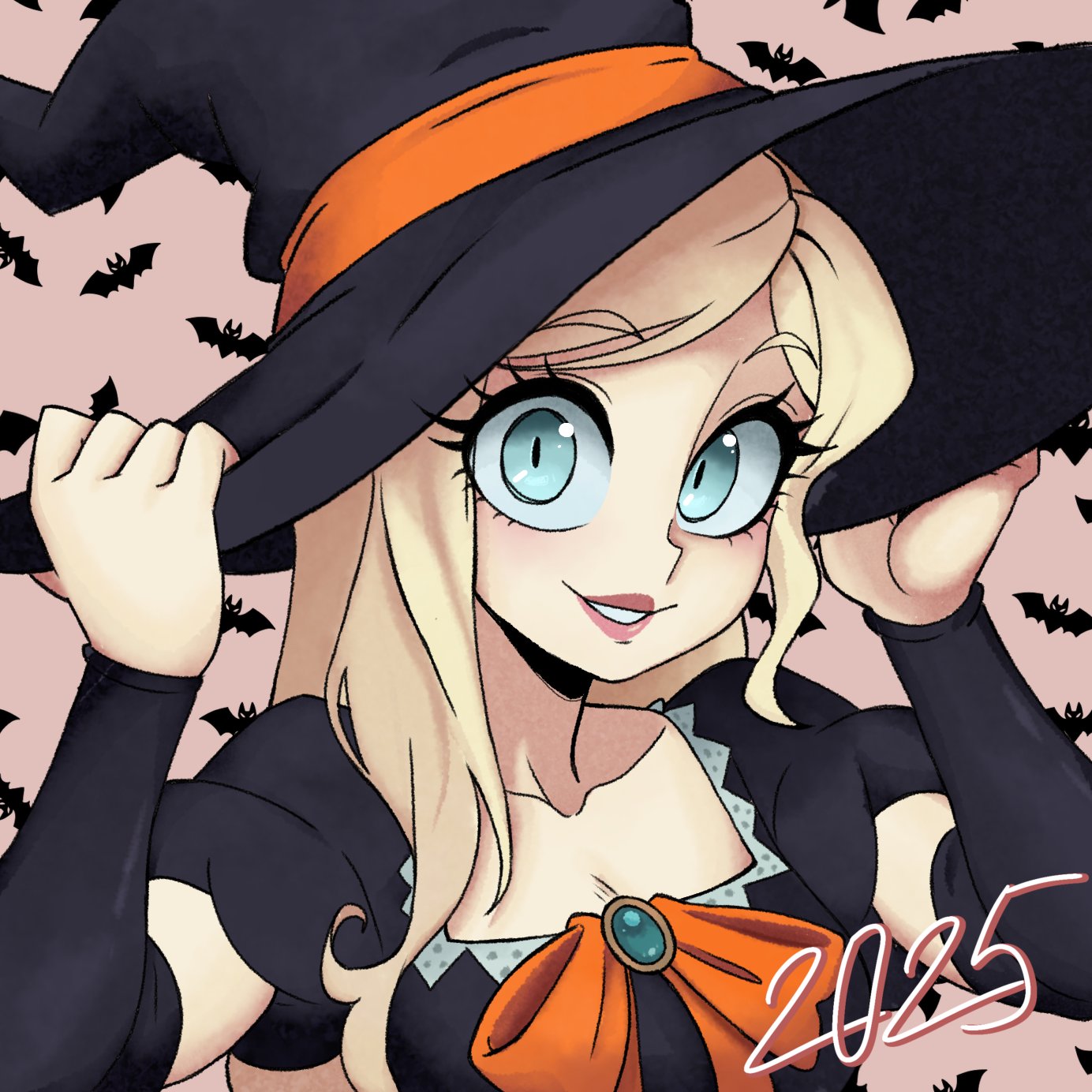 sonia nevermind, danganronpa (series), danganronpa 2: goodbye despair, highres, 1girl, 2025, black hat, blonde hair, bow, bowtie, breasts, collarbone, detached sleeves, grey eyes, hat, long hair, long sleeves, medium breasts, orange bow, orange bowtie, parta 228, puffy short sleeves, puffy sleeves, short sleeves, smile, teeth, upper body, witch, witch hat