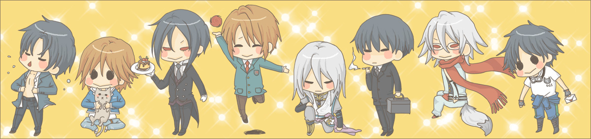 hosaka (minami-ke), koizumi itsuki, ono daisuke, sebastian michaelis, angelique (series), kuroshitsuji, minami-ke, neo angelique abyss, suzumiya haruhi no yuuutsu, character request, long image, wide image, 00s, 6+boys, daisuke ono, male focus, multiple boys, voice actor connection