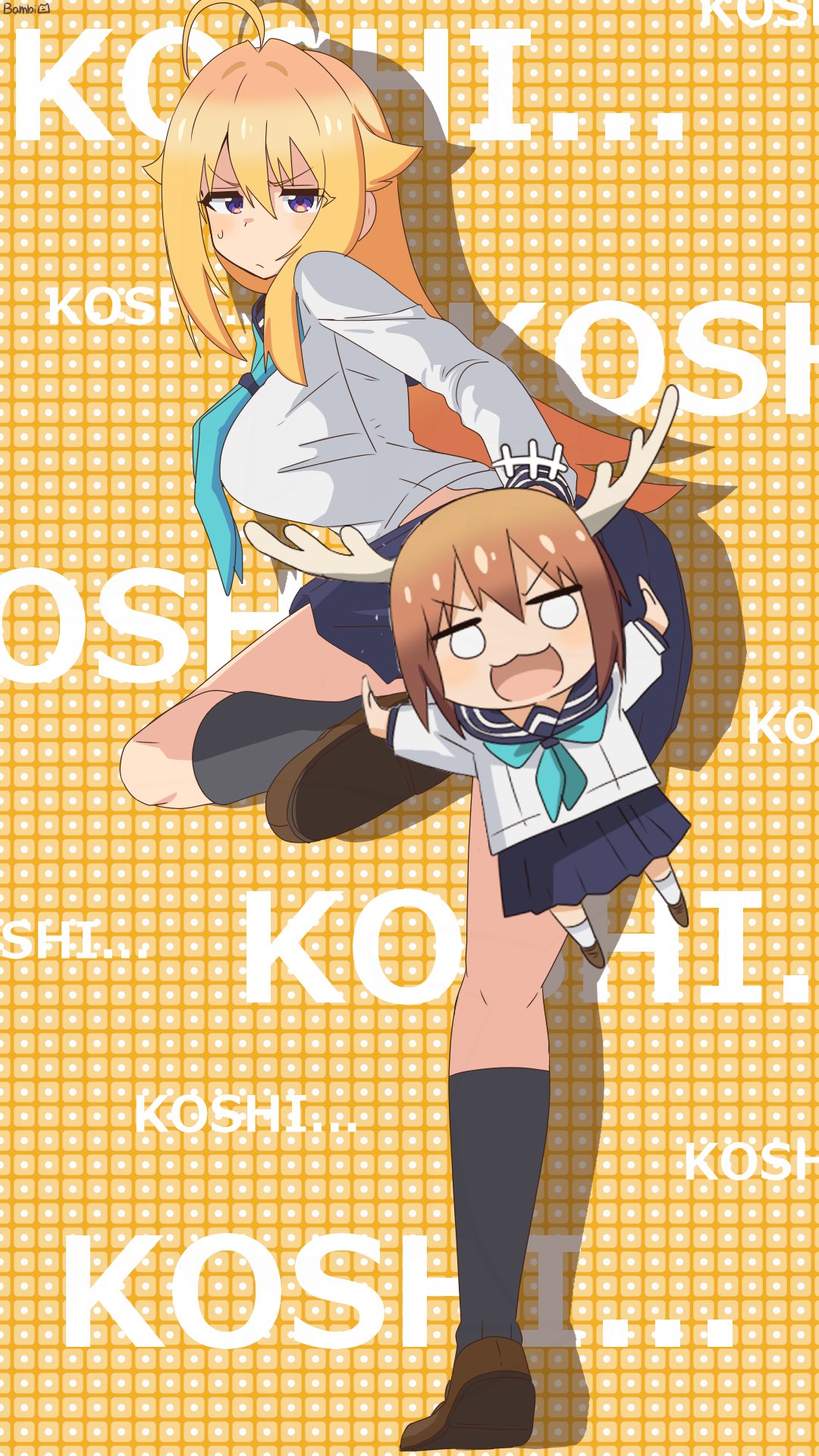 bambi2000line, koshi torako, shikanoko noko, shikanoko nokonoko koshitantan, highres, +++, 2girls, :3, ahoge, antlers, aqua neckerchief, artist name, blonde hair, blue skirt, blush, breasts, brown hair, brown shoes, chibi, convenient censoring, deer antlers, deer girl, drop shadow, from behind, grey socks, grid background, hair between eyes, hair flaps, hino minami high school uniform, horns, jumping, large breasts, leg up, long hair, long sleeves, looking at viewer, multiple girls, neckerchief, o o, outstretched arms, school uniform, serafuku, shirt, shoes, short hair, sidelocks, signature, skirt, socks, spread arms, standing, standing on one leg, sweatdrop, v-shaped eyebrows, white shirt, yellow background