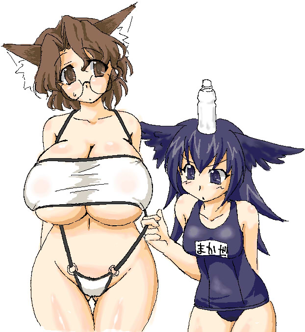 lute (apocalypselibrary), character request, 2girls, animal ears, bare shoulders, bikini, black eyes, black hair, blush, bottle, breast envy, breasts, brown eyes, brown hair, cat ears, cat tail, cleavage, glasses, hip focus, huge breasts, long hair, multiple girls, one-piece swimsuit, school swimsuit, short hair, swimsuit, tail, wide hips