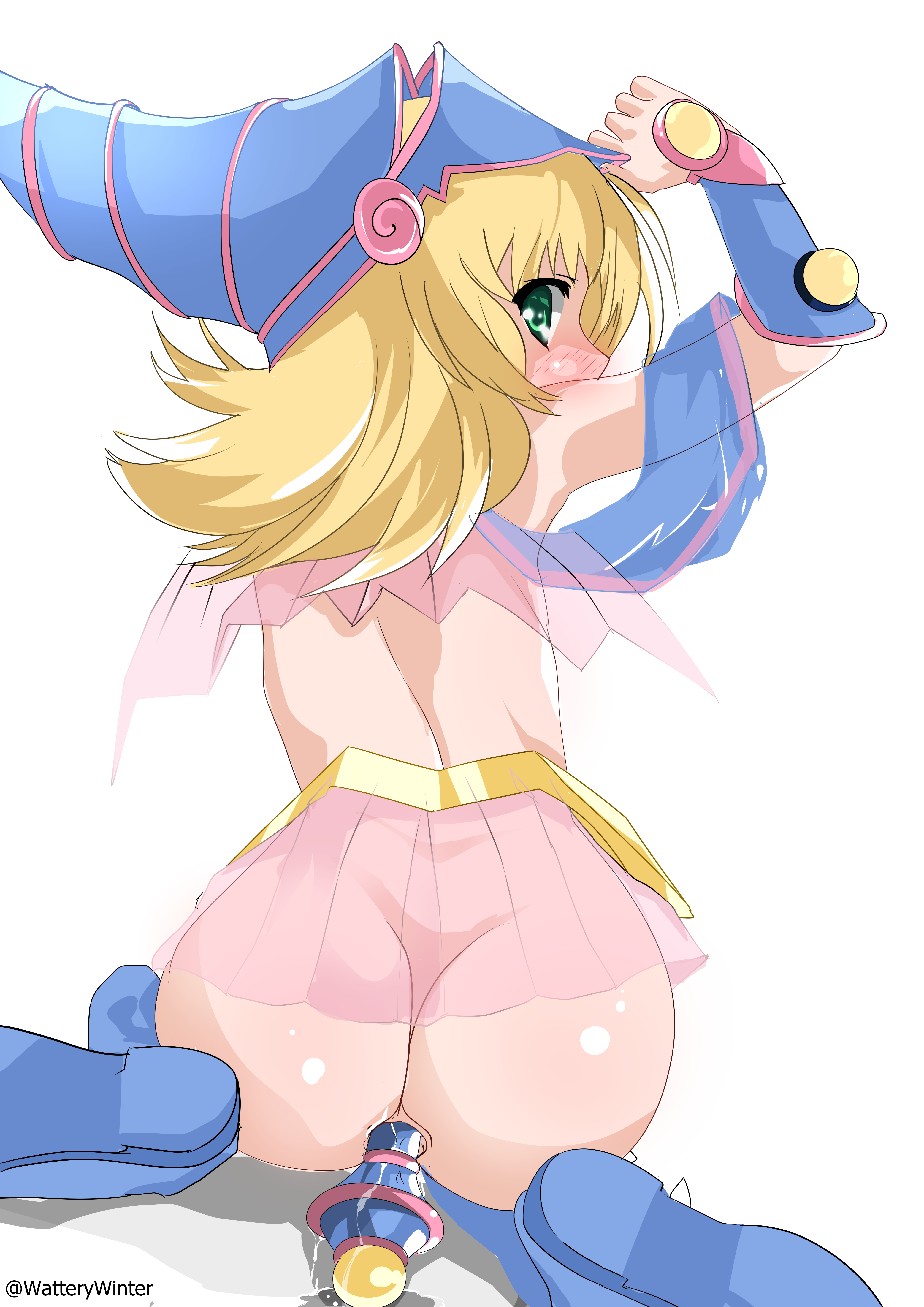 watterywinter, dark magician girl, yu-gi-oh!, absurdres, highres, ass, ass focus, back, blonde hair, blue dress, boots, dress, gold trim, kneeling, no panties, pink skirt, see-through clothes, short dress, skirt, squatting, staff, wand, wet