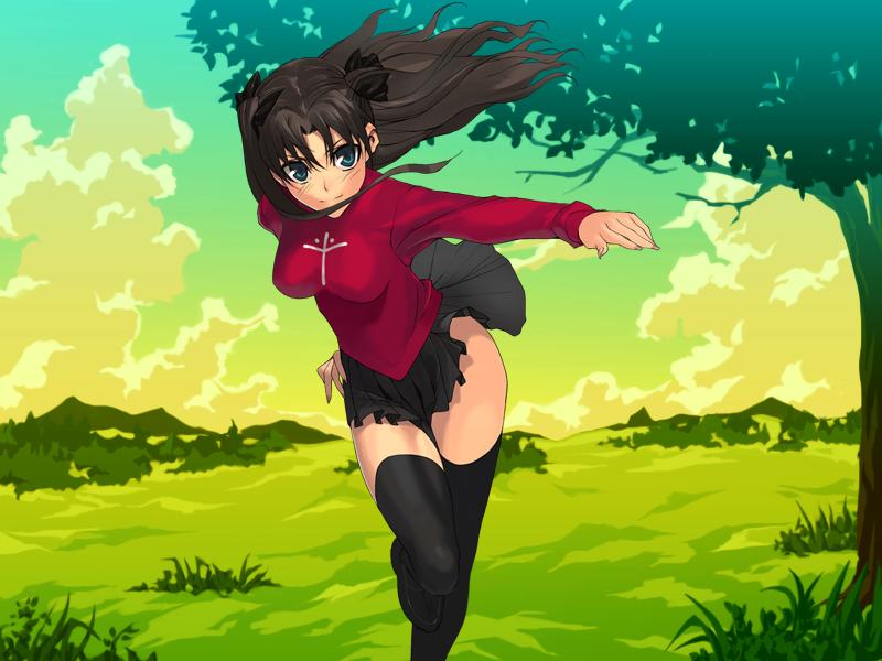 tohsaka rin, fate/stay night, fate/unlimited blade works, fate (series), 1girl, black bow, black hair, black ribbon, black shoes, black skirt, black socks, black thighhighs, blue eyes, bow, breasts, closed mouth, dot nose, female focus, hair bow, hair ribbon, hair wagging, large breasts, legs, long hair, long sleeves, looking at viewer, miniskirt, no panties, pleated skirt, red shirt, ribbon, sexually suggestive, shirt, shoes, skirt, smile, socks, solo, solo focus, thighhighs, thighs, twintails, zettai ryouiki