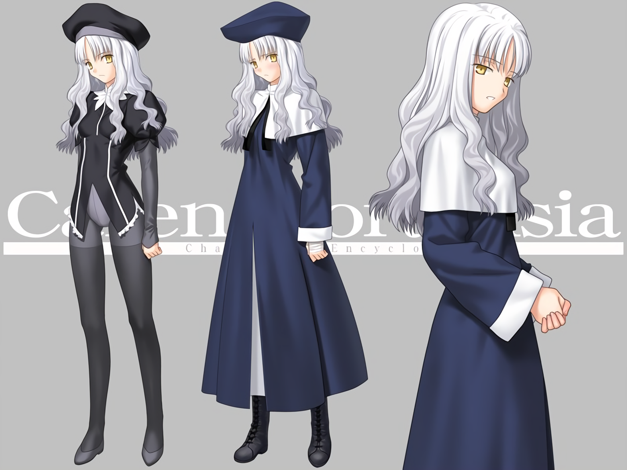 takeuchi takashi, caren hortensia, fate/hollow ataraxia, fate (series), game cg, official art, 1girl, bandaged arm, bandaged hand, bandages, black dress, black hat, black pantyhose, black shoes, blue dress, blue hat, blue skirt, blush, breasts, capelet, closed mouth, dress, english text, female focus, flat chest, full body, grey background, hat, high heels, juliet sleeves, leotard, long hair, long skirt, long sleeves, looking at viewer, no pants, nun, open mouth, pantyhose, puffy long sleeves, puffy short sleeves, puffy sleeves, reference sheet, sexually suggestive, shoes, short sleeves, shy, skirt, small breasts, solo, solo focus, white capelet, white hair, white leotard, yellow eyes