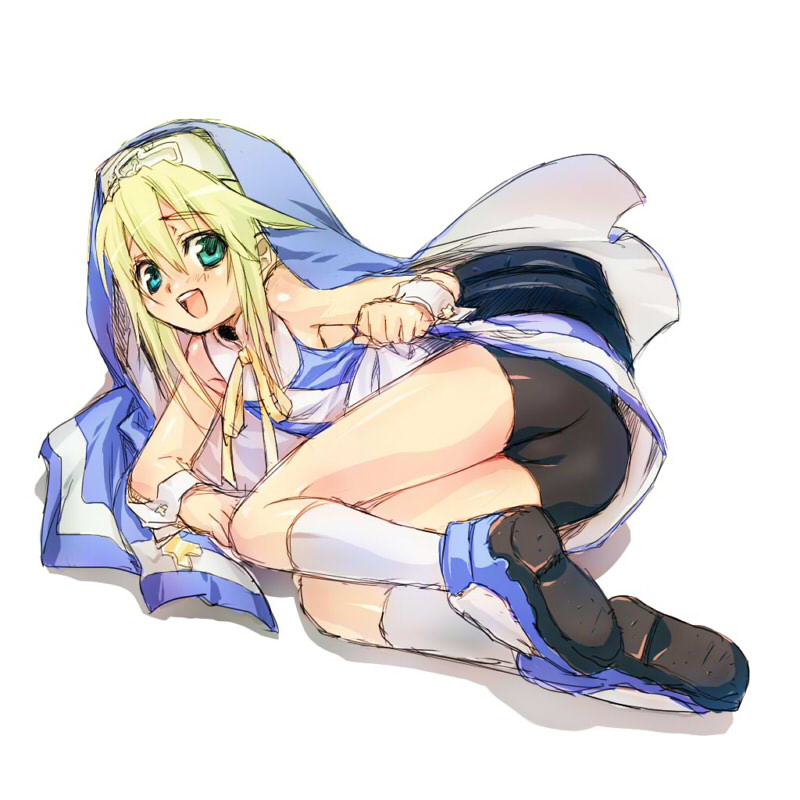 wanko (pixiv), wanko (takohati8), bridget (guilty gear), arc system works, guilty gear, guilty gear xx, 1boy, ass, bare shoulders, bike shorts, blonde hair, green eyes, hat, male focus, nun, open mouth, shota, skirt, socks, solo, trap