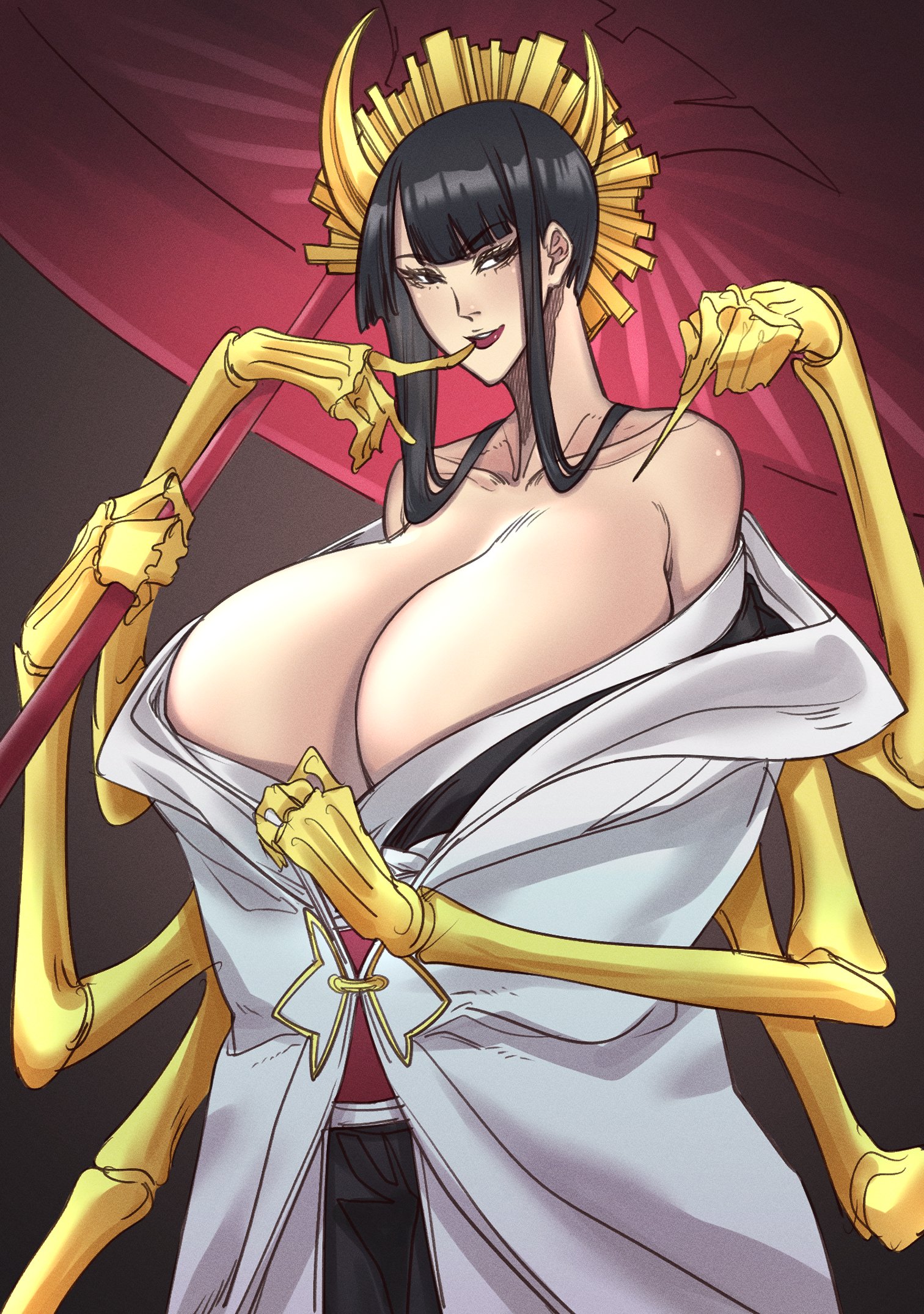 frey seamonster, shutara senjumaru, bleach, bleach: sennen kessen-hen, highres, 1girl, 2023, alternate breast size (larger), bare shoulders, black hair, breasts, collarbone, hair ornament, haori, japanese clothes, large breasts, long hair, multiple arms, shihakusho, simple background