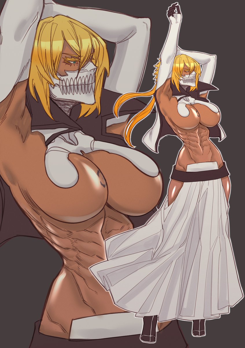 frey seamonster, tier harribel, bleach, highres, redrawn, 2023, abs, armpit crease, armpits, arms up, blonde hair, breast tattoo, breasts, colored eyelashes, cropped jacket, dark-skinned female, dark skin, espada, full body, green eyes, large breasts, mask, medium hair, number tattoo, shiny skin, simple background, tattoo, toned, toned female