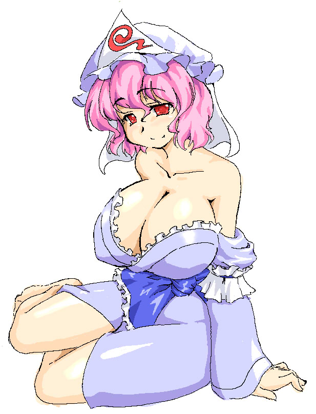 lute (apocalypselibrary), saigyouji yuyuko, touhou, 1girl, bare shoulders, breasts, cleavage, female focus, hat, hip focus, huge breasts, oekaki, pink hair, red eyes, short hair, sitting, smile, solo, wide hips, yokozuwari