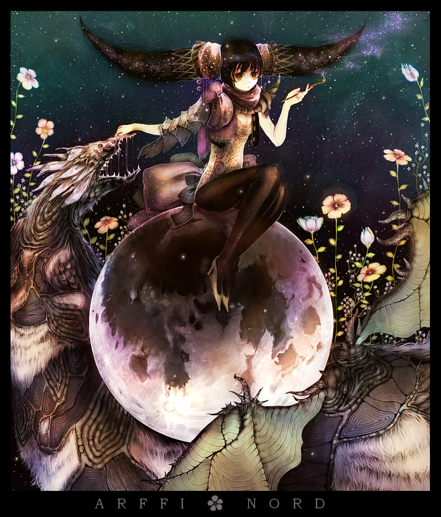 manbou no suiso, original, bad id, bad pixiv id, 1girl, black hair, brown eyes, female focus, flower, full moon, high heels, horns, kiseru, long hair, monster, moon, shoes, smoking pipe, solo, space, star (symbol), surreal, wings