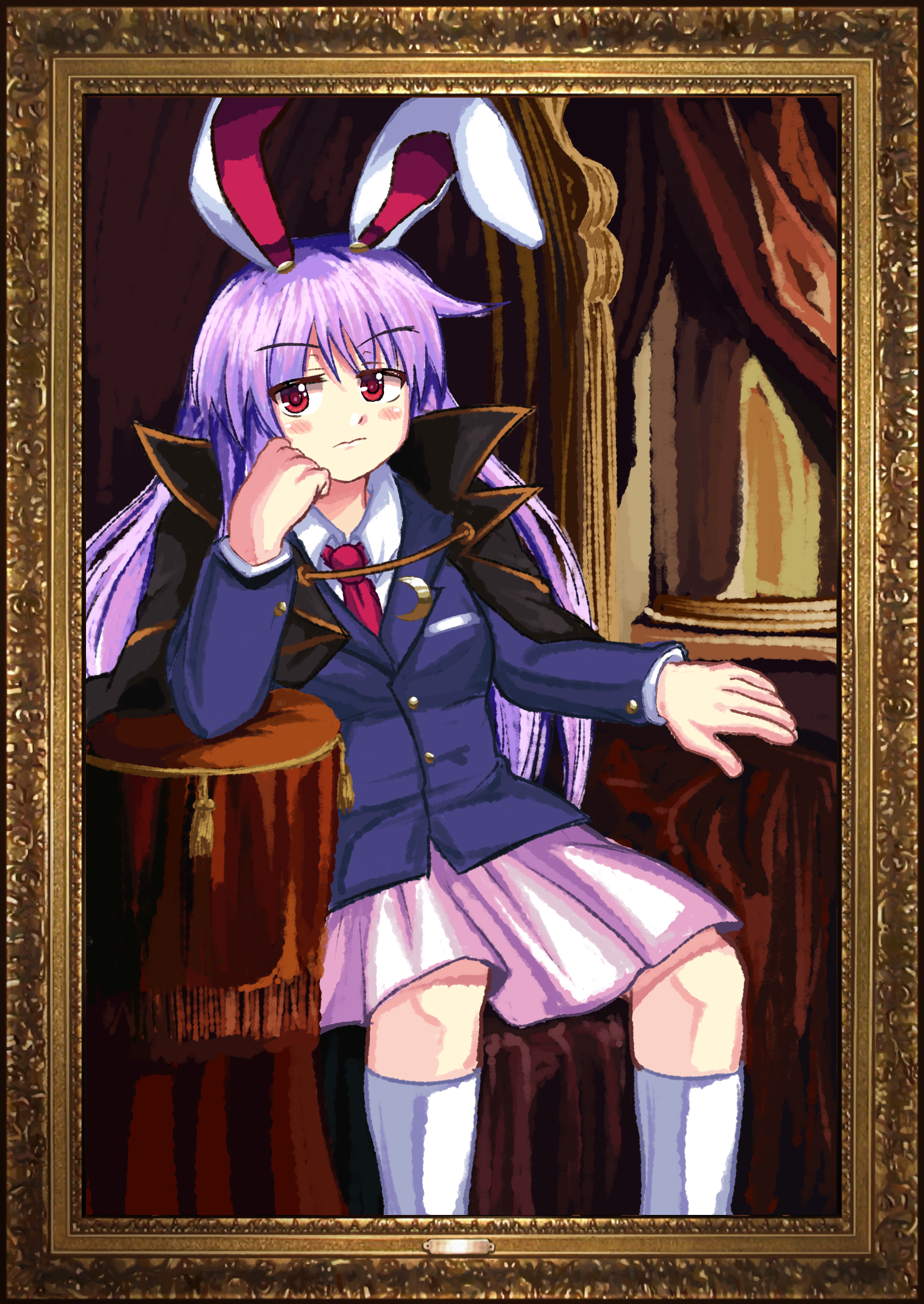 soldierburger, reisen udongein inaba, ushiromiya battler, touhou, umineko no naku koro ni, absurdres, highres, 1girl, animal ears, blazer, cosplay, crescent, crescent pin, jacket, necktie, parody, pink skirt, portrait, purple hair, rabbit ears, rabbit girl, red eyes, red necktie, skirt, ushiromiya battler (cosplay)