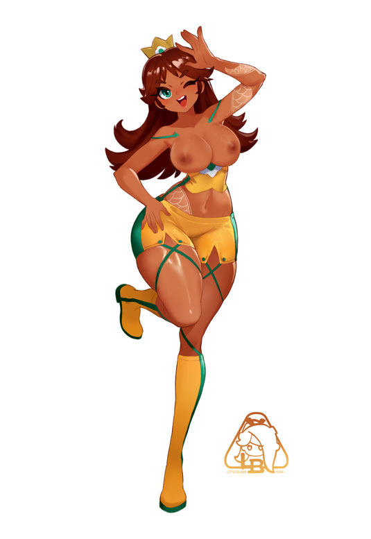 princess daisy, mario (series), nintendo, 1girl, breasts, large breasts, nipples, simple background, solo, white background