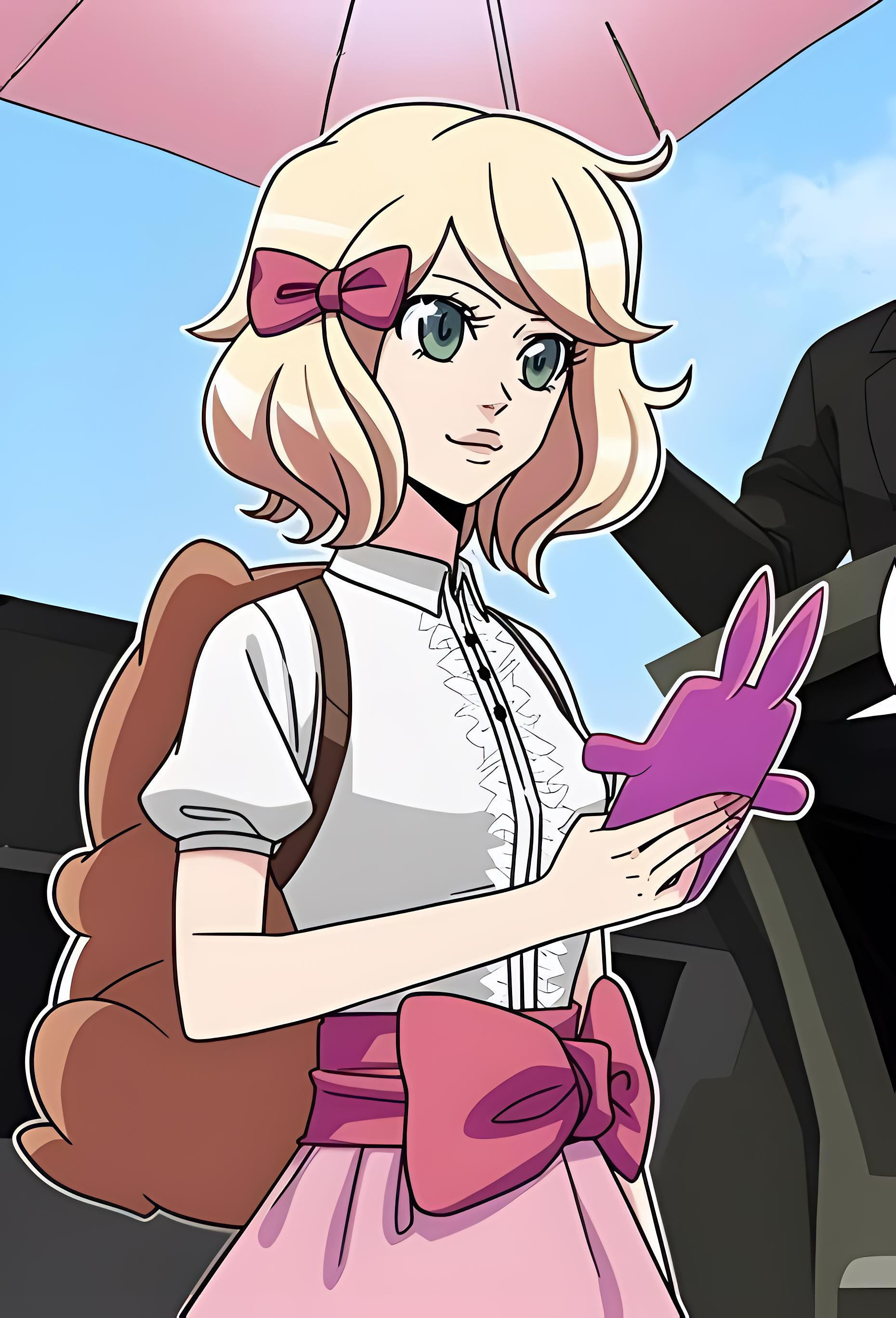absurdres, highres, 1girl, backpack, bag, blonde hair, blue eyes, cellphone, female focus, let's play: quest-darake no my life, looking down, phone, pink skirt, shirt, skirt, sky, smile, sweet olivia, upper body, white shirt