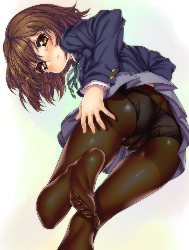 kink (tortoiseshell), hirasawa yui, k-on!, toe-point, 00s, 1girl, ass, black pantyhose, blazer, blush, brown eyes, brown hair, cameltoe, crotch seam, feet, female focus, from below, frown, hair ornament, jacket, looking at viewer, panties, panties under pantyhose, pantyhose, pantyshot, school uniform, skirt, soles, solo, tears, toes, underwear, upskirt