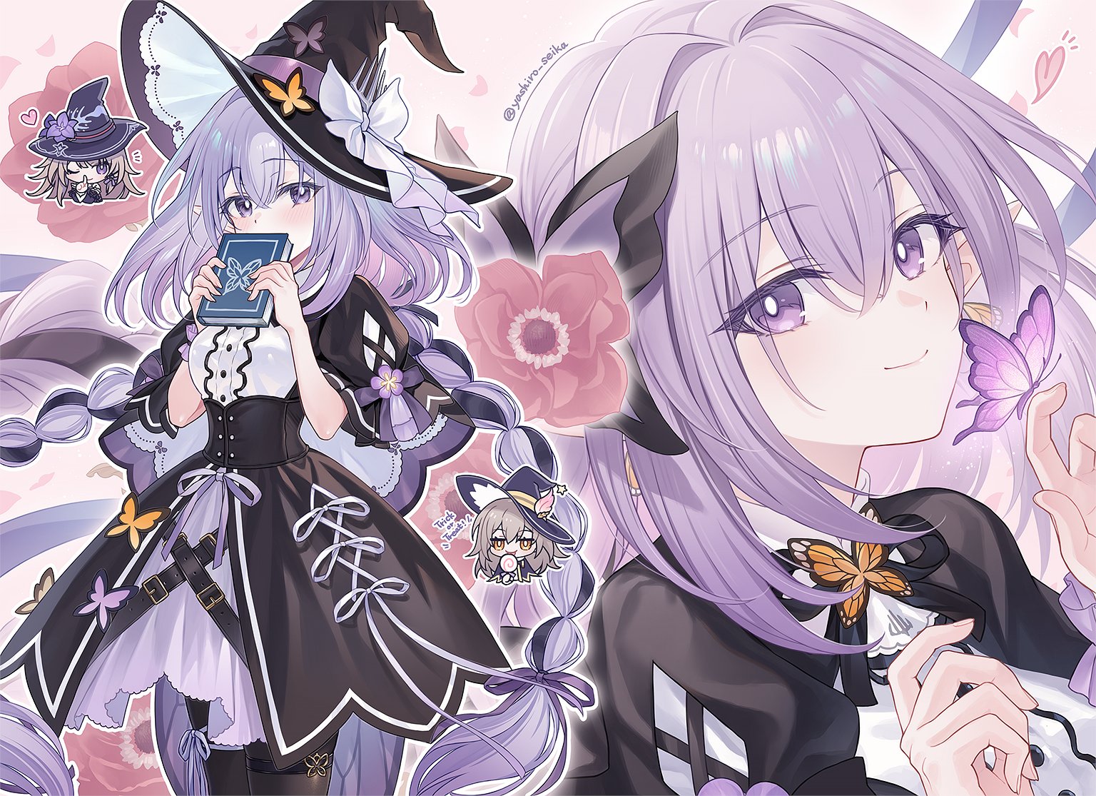 yashiro seika, castorice (honkai: star rail), herta (honkai: star rail), stelle (honkai: star rail), the herta (honkai: star rail), trailblazer (honkai: star rail), honkai: star rail, honkai (series), 2girls, alternate costume, black capelet, black dress, book, braid, bug, butterfly, capelet, chibi, chibi inset, closed mouth, cosplay, covering own mouth, dress, flower, hair between eyes, hair ornament, hat, holding, holding book, insect, long hair, looking at viewer, multiple girls, multiple views, pantyhose, purple eyes, purple hair, ribbon, smile, the herta (honkai: star rail) (cosplay), twitter username, very long hair, witch hat