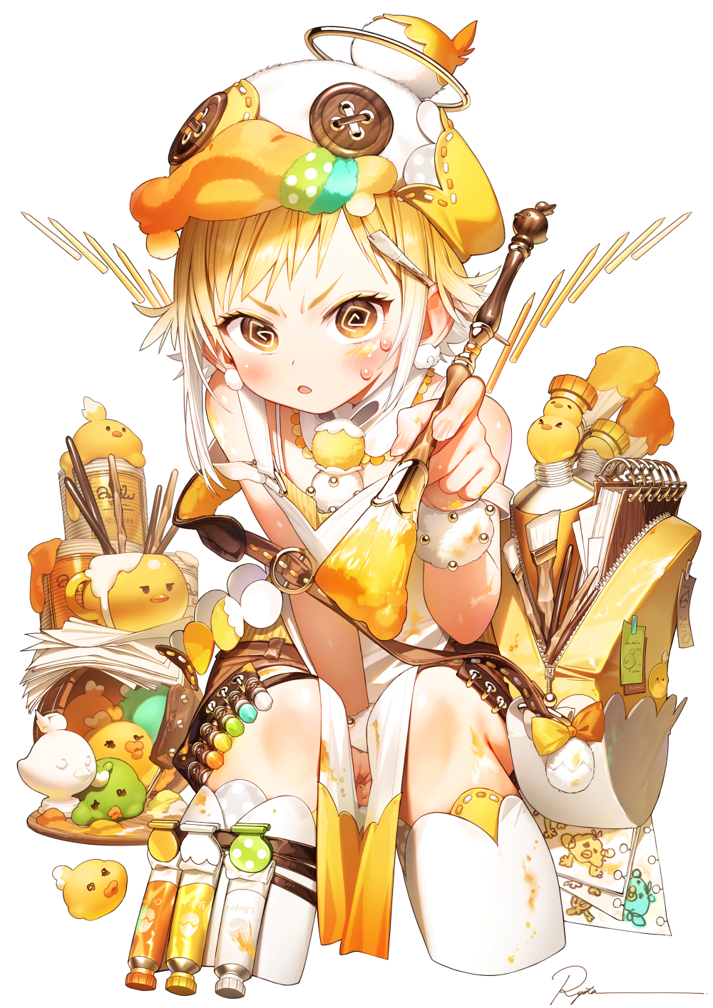 ryota (ry o ta), original, commentary, highres, revision, symbol-only commentary, 1girl, @ @, art supplies, bag, bare shoulders, belt, blonde hair, blush, breasts, cup, hair ornament, hat, holding, holding paintbrush, looking at viewer, open mouth, paint, paintbrush, painting (action), paper, shirt, shorts, simple background, sleeveless, solo, white background, wrist cuffs, yellow eyes