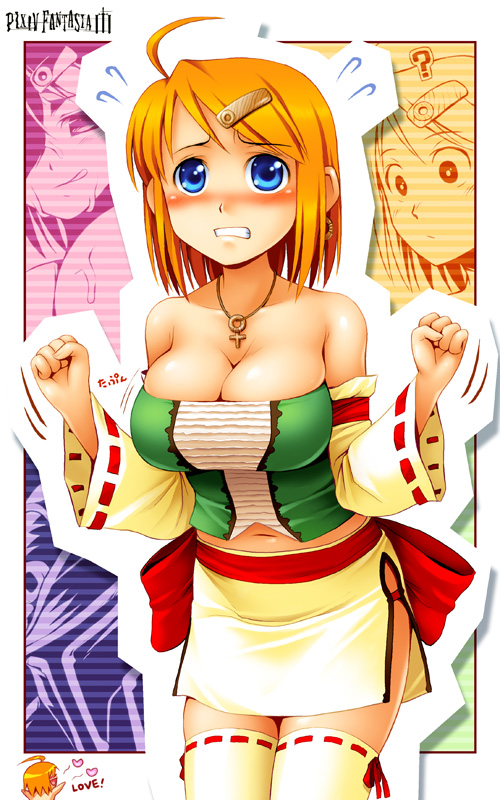 noise (tsuzuki), pixiv fantasia, pixiv fantasia 3, 1girl, ahoge, blue eyes, blush, breasts, cleavage, large breasts, orange hair, strapless, thighhighs, tube top