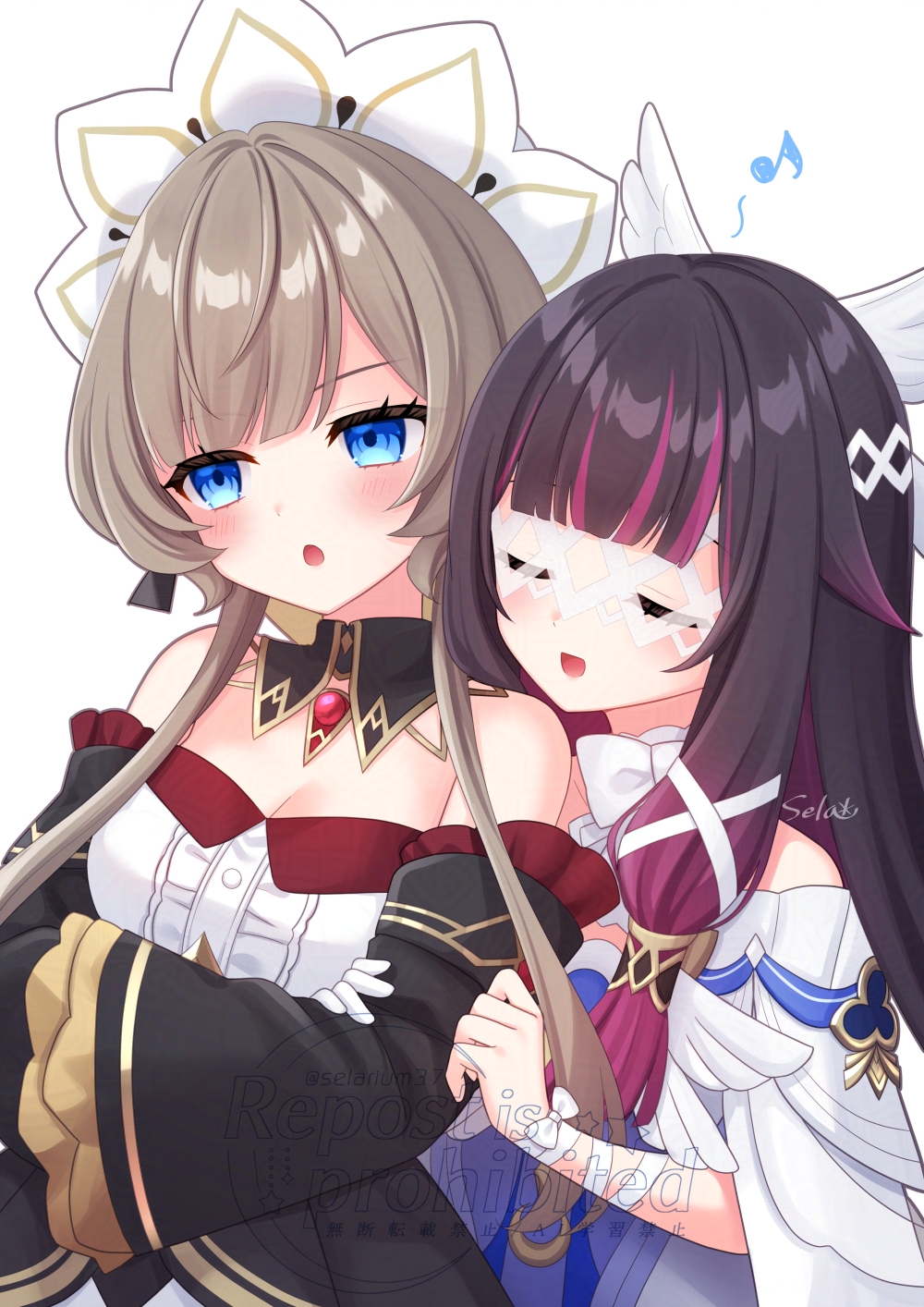 stardrop, columbina (genshin impact), sandrone (genshin impact), genshin impact, commentary request, highres, 2girls, :o, artist name, bare shoulders, black hair, black sleeves, blue eyes, blush, breasts, brown hair, cleavage, closed eyes, detached sleeves, hair ornament, hand on another's arm, long hair, multicolored hair, multiple girls, musical note, open mouth, purple hair, sleeveless, very long hair, watermark, wing hair ornament