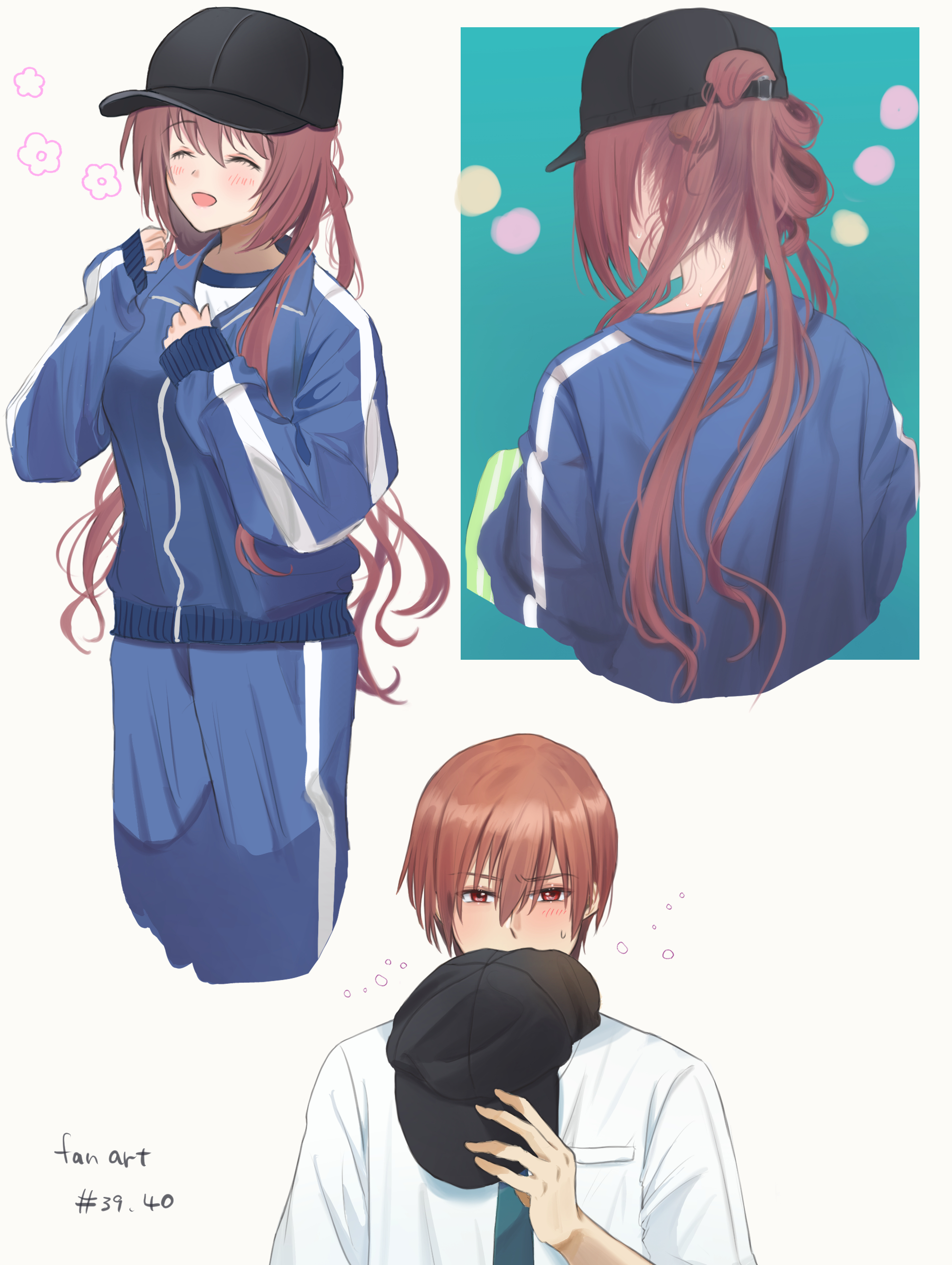 miiizuno lbs, a-chan (little busters!), natsume kyousuke, little busters!, absurdres, commentary request, highres, 1boy, 1girl, :d, ^ ^, alternate costume, alternate hairstyle, baseball cap, black hat, blue jacket, blue necktie, blush, brown hair, closed eyes, covering own mouth, cowboy shot, cropped legs, cropped torso, embarrassed, eyes visible through hair, facing viewer, flying sweatdrops, from behind, furrowed brow, hair between eyes, hands up, happy, hat, jacket, little busters! school uniform, long hair, long sleeves, looking at viewer, multiple views, necktie, open mouth, ponytail, red eyes, school uniform, shirt, short hair, simple background, sleeves past wrists, smile, sweat, track jacket, tsurime, upper body, very long hair, white background, white shirt