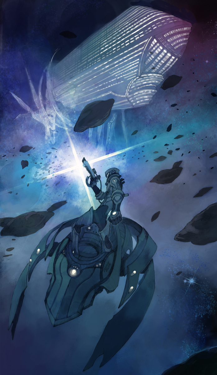 lack, highres, flying, gun, machine, science fiction, ship, soldier, solo, space, spacecraft, watercraft, weapon