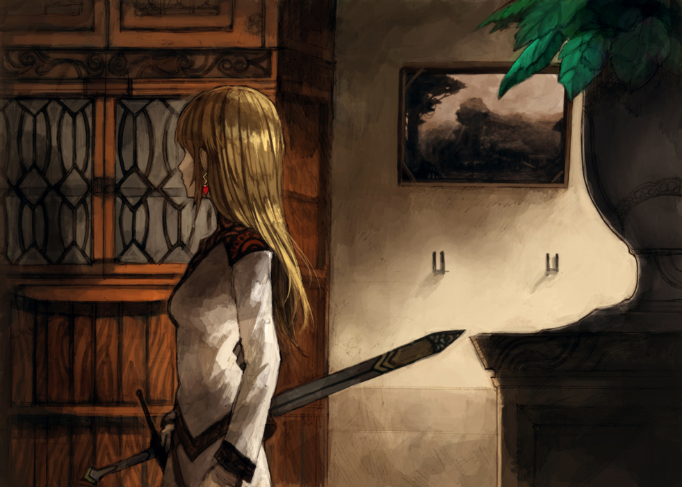 lack, 1girl, arms at sides, artist self-reference, blonde hair, closet, cowboy shot, dark, female focus, from side, holding, holding sword, holding weapon, indoors, painting (object), picture frame, plant, solo, sword, weapon
