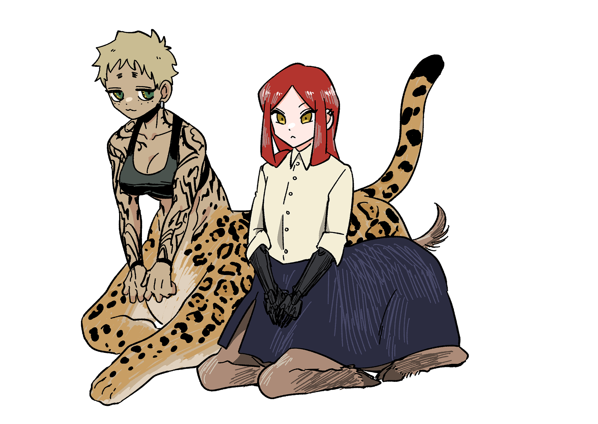 hikagami (june lotus), original, commentary request, highres, 2girls, amputee, arm tattoo, blonde hair, centauroid, double amputee, freckles, full body, goat girl, green eyes, jaguar girl, looking at viewer, monster girl, multiple girls, prosthesis, prosthetic arm, red hair, shirt, short hair, simple background, sitting, skirt, sports bra, tan, tattoo, taur, very short hair, white background, yellow eyes