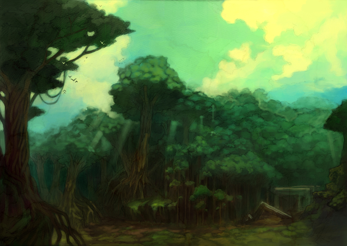 lack, original, bird, cloud, cloudy sky, forest, grass, green theme, nature, no humans, ruins, scenery, sky, tree