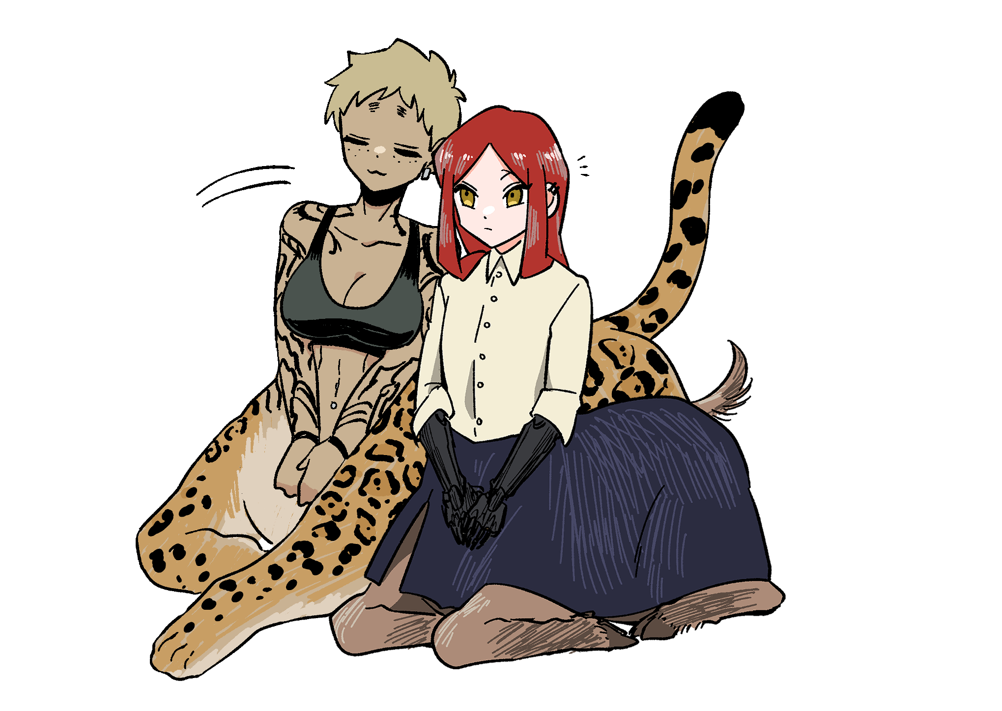 hikagami (june lotus), original, commentary request, highres, 2girls, amputee, arm tattoo, blonde hair, centauroid, double amputee, freckles, full body, goat girl, jaguar girl, leaning on person, looking at viewer, monster girl, multiple girls, prosthesis, prosthetic arm, red hair, shirt, short hair, simple background, sitting, skirt, sports bra, tan, tattoo, taur, very short hair, white background, yellow eyes
