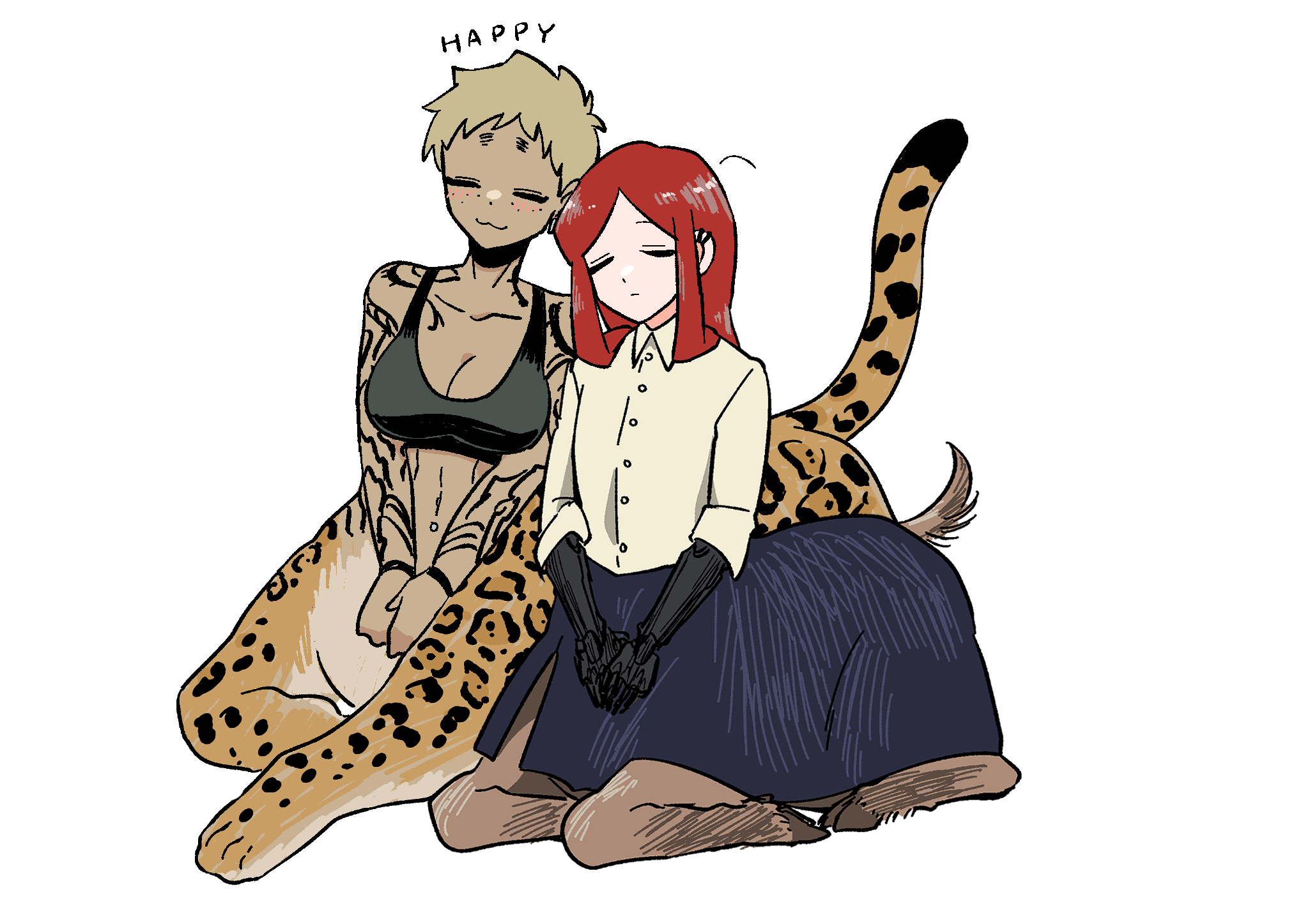 hikagami (june lotus), original, commentary request, highres, 2girls, amputee, arm tattoo, blonde hair, centauroid, closed eyes, double amputee, freckles, full body, goat girl, jaguar girl, leaning on person, looking at viewer, monster girl, multiple girls, prosthesis, prosthetic arm, red hair, shirt, short hair, simple background, sitting, skirt, sports bra, tan, tattoo, taur, very short hair, white background