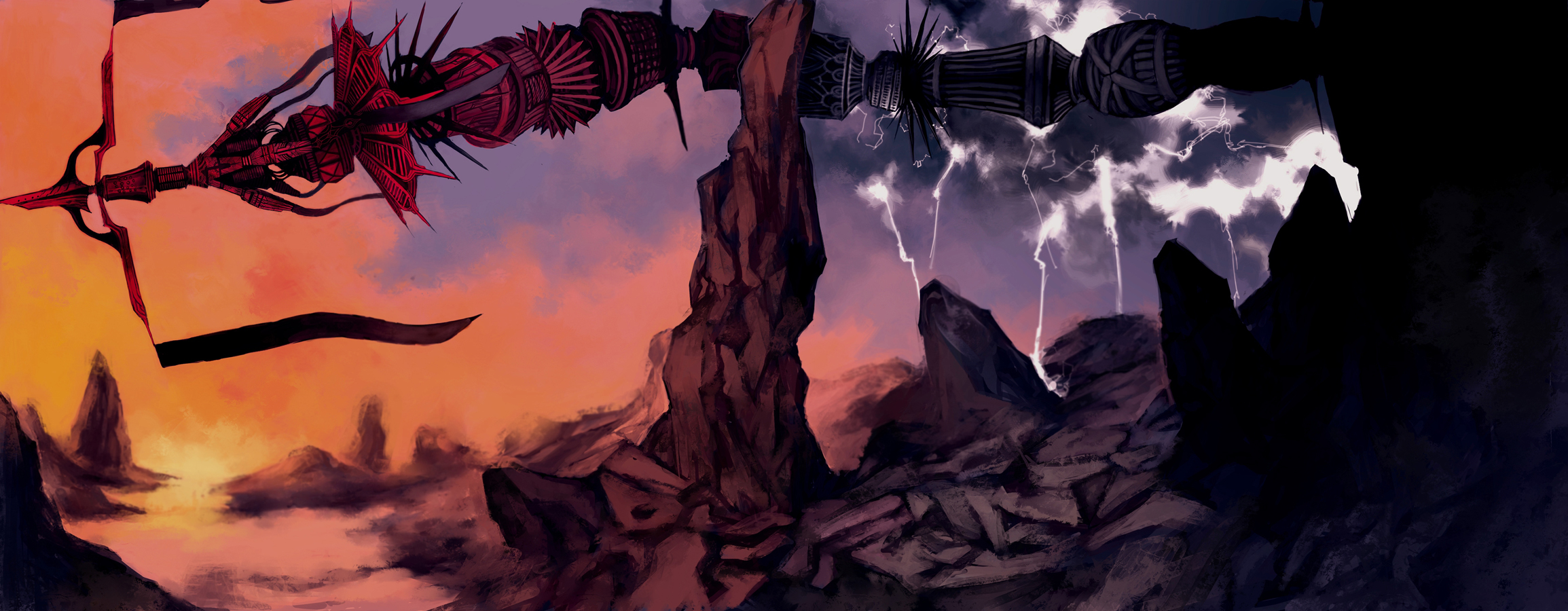 lack, original, highres, long image, wide image, harpoon, lightning, no humans, rock, scenery, sunset