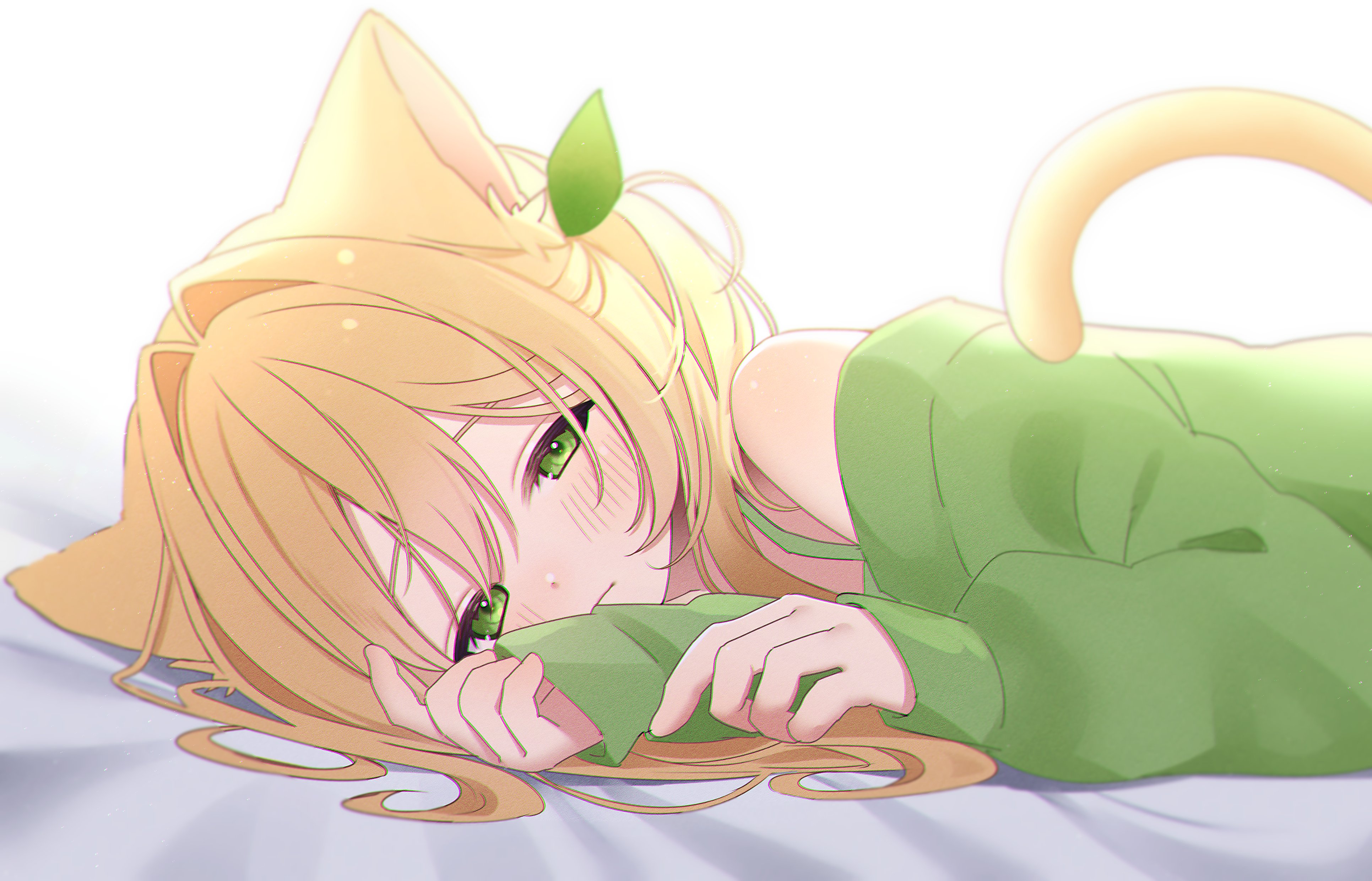 uu3cm, original, absurdres, highres, 1girl, animal ears, bare shoulders, blonde hair, blush, cat ears, cat girl, cat tail, closed mouth, green eyes, green sweater, hair between eyes, hair ornament, leaf hair ornament, long hair, long sleeves, looking at viewer, lying, off-shoulder sweater, off shoulder, on side, solo, sweater, tail, white background