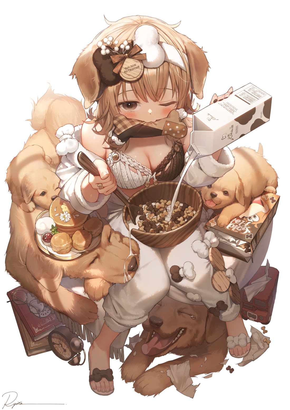 ryota (ry o ta), original, commentary, highres, revision, symbol-only commentary, 1girl, animal ears, artist name, blush, breasts, brown eyes, brown hair, cleavage, dog ears, holding carton, large breasts, looking at viewer, milk carton, mouth hold, one eye closed, pants, sandals, short hair, signature, simple background, solo, spoon, white background, white pants, wooden spoon