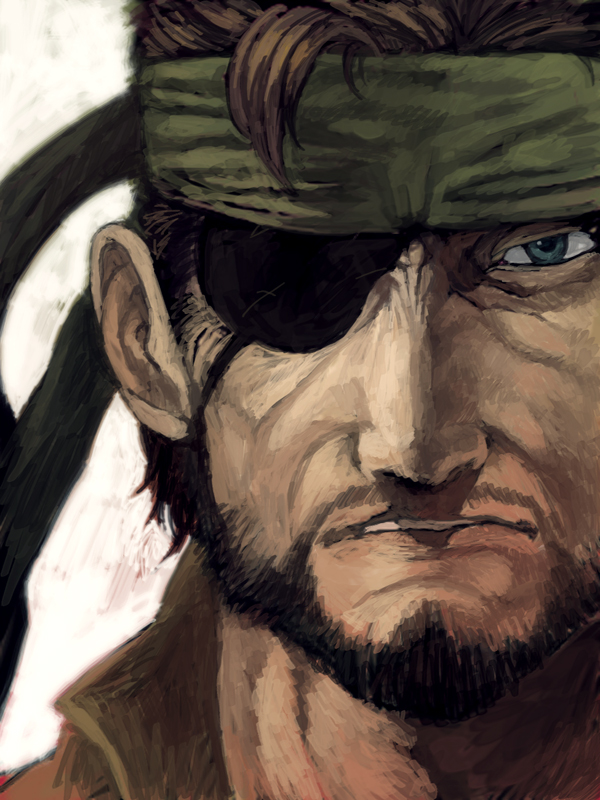 lack, big boss, metal gear (series), metal gear solid 3: snake eater, bad id, bad pixiv id, 1boy, bandana, beard, blue eyes, eyepatch, facial hair, male focus, solo