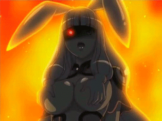 melona (queen's blade), protean assassin melona, queen's blade, animated, animated gif, anime screenshot, lowres, 00s, 1girl, animal ears, breasts, breasts squeezed together, covered erect nipples, falling, female focus, fire, glowing, glowing eye, glowing eyes, grabbing another's breast, groping, lactation, large breasts, monster girl, nipples, prehensile hair, rabbit ears, red eyes, slime (substance), slime girl, solo, steam, tripping