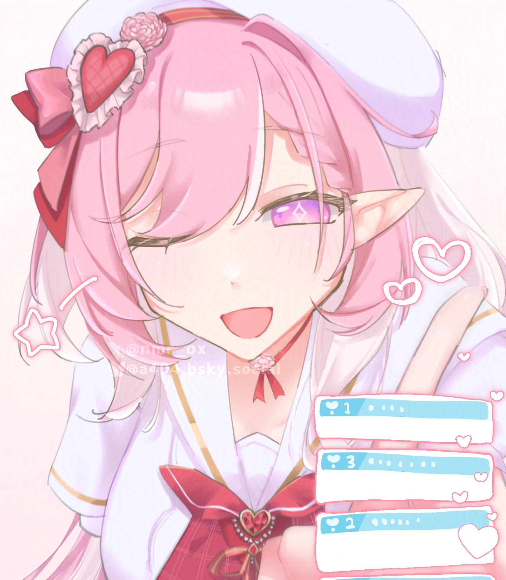 elysia (hi love elf) (honkai impact), elysia (honkai impact), honkai (series), honkai impact 3rd, hashtag-only commentary, highres, 1girl, ;o, beret, breasts, diamond-shaped pupils, diamond (shape), dress, elf, hat, heart, large breasts, long hair, looking at viewer, nmr ox, one eye closed, open mouth, pink hair, pointy ears, purple eyes, simple background, solo, symbol-shaped pupils, upper body, very long hair, white background, white dress