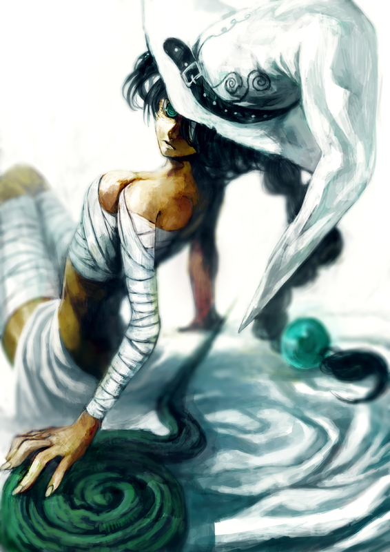 lack, white witch (lack), original, bad id, bad pixiv id, 1girl, arm support, bandages, black hair, blurry, braid, dark-skinned female, dark skin, depth of field, female focus, green eyes, hat, long hair, looking back, orb, sitting, solo, staff, witch, witch hat