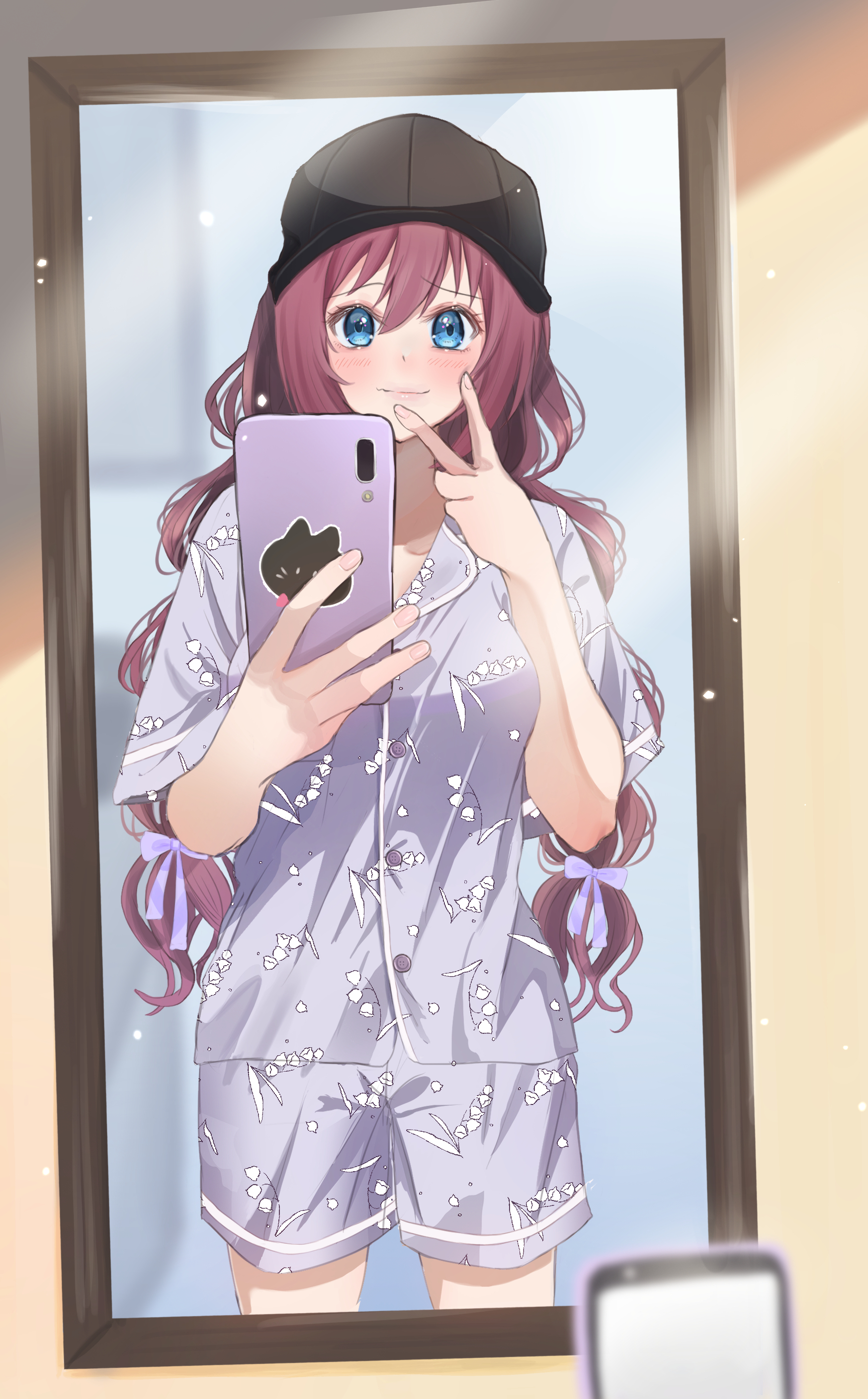 miiizuno lbs, a-chan (little busters!), little busters!, absurdres, commentary request, highres, 1girl, alternate costume, alternate hairstyle, baseball cap, black hat, blue eyes, blurry, blush, bow, casual, cellphone, closed mouth, cowboy shot, depth of field, eyelashes, female pov, fingernails, floral print, full-length mirror, grey pajamas, hair between eyes, hair bow, hands up, hat, holding, holding phone, lips, long hair, looking at mirror, looking at viewer, low twintails, mirror, mirror selfie, pajamas, phone, pov, purple bow, purple hair, reflection, selfie, short sleeves, shy, smartphone, smile, solo, standing, twintails, v, very long hair, wavy hair