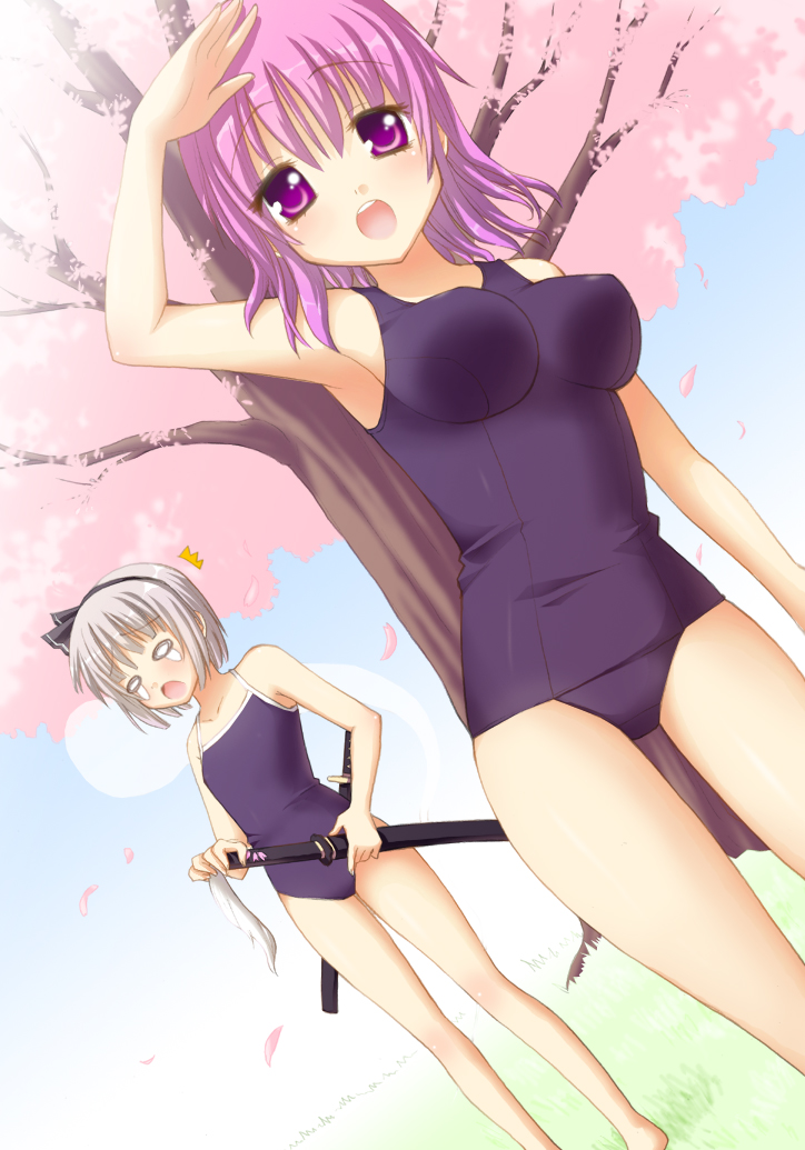 saki chisuzu, konpaku youmu, konpaku youmu (ghost), saigyouji yuyuko, touhou, silver hair, 2girls, :d, :o, arm up, armpits, barefoot, blue one-piece swimsuit, blush, bob cut, body blush, breasts, cherry blossoms, contrapposto, cowboy shot, day, female focus, flat chest, grass, hair ribbon, hairband, hitodama, impossible clothes, impossible swimsuit, large breasts, looking at viewer, multiple girls, multiple swords, no pupils, o o, one-piece swimsuit, open mouth, outdoors, petals, pink eyes, purple eyes, purple hair, raised eyebrows, ribbon, salute, school swimsuit, sheath, sheathed, short hair, sky, smile, standing, surprised, swimsuit, sword, tears, tree, weapon
