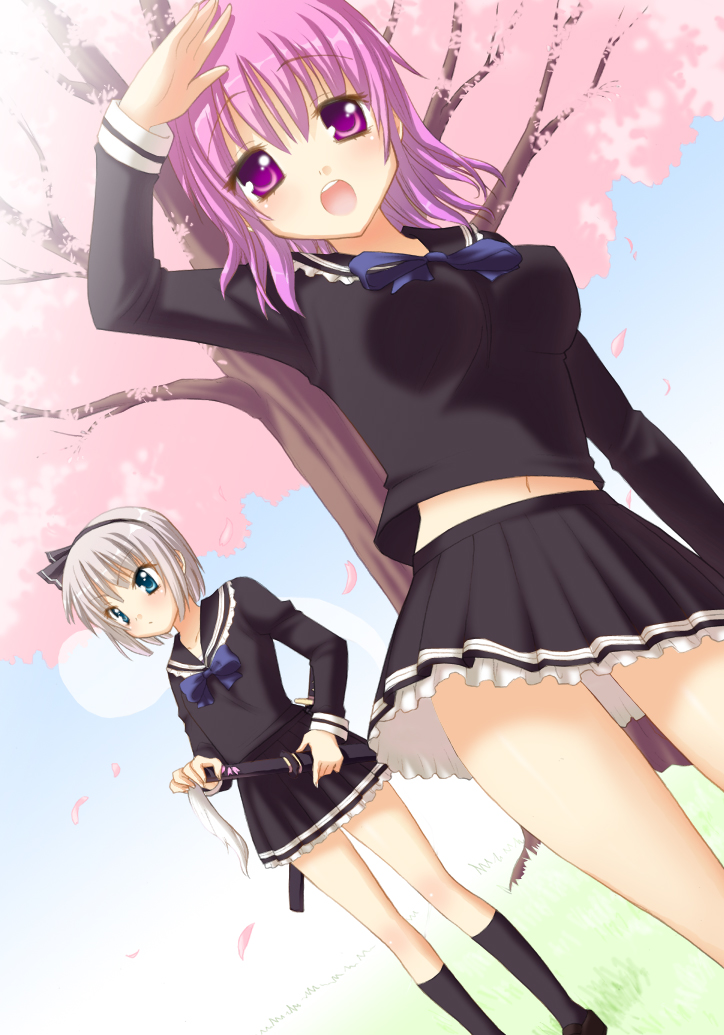 saki chisuzu, konpaku youmu, saigyouji yuyuko, touhou, 2girls, alternate costume, bow, breasts, cherry blossoms, female focus, katana, multiple girls, nature, outdoors, pink eyes, plant, school uniform, skirt, sky, sword, tree, weapon